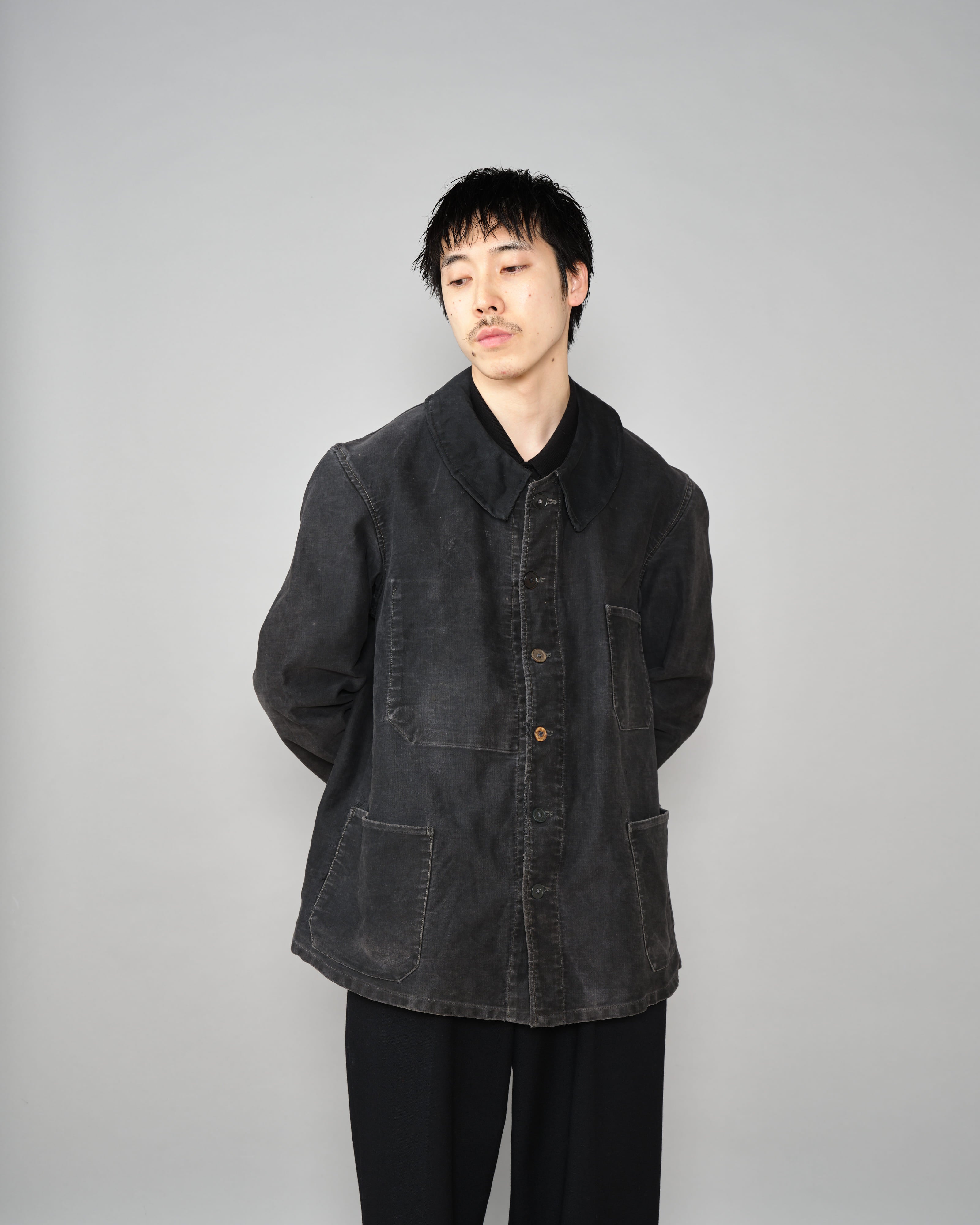 【~40's】French Vintage Black Moleskin Work Jacket "6 Buttons"