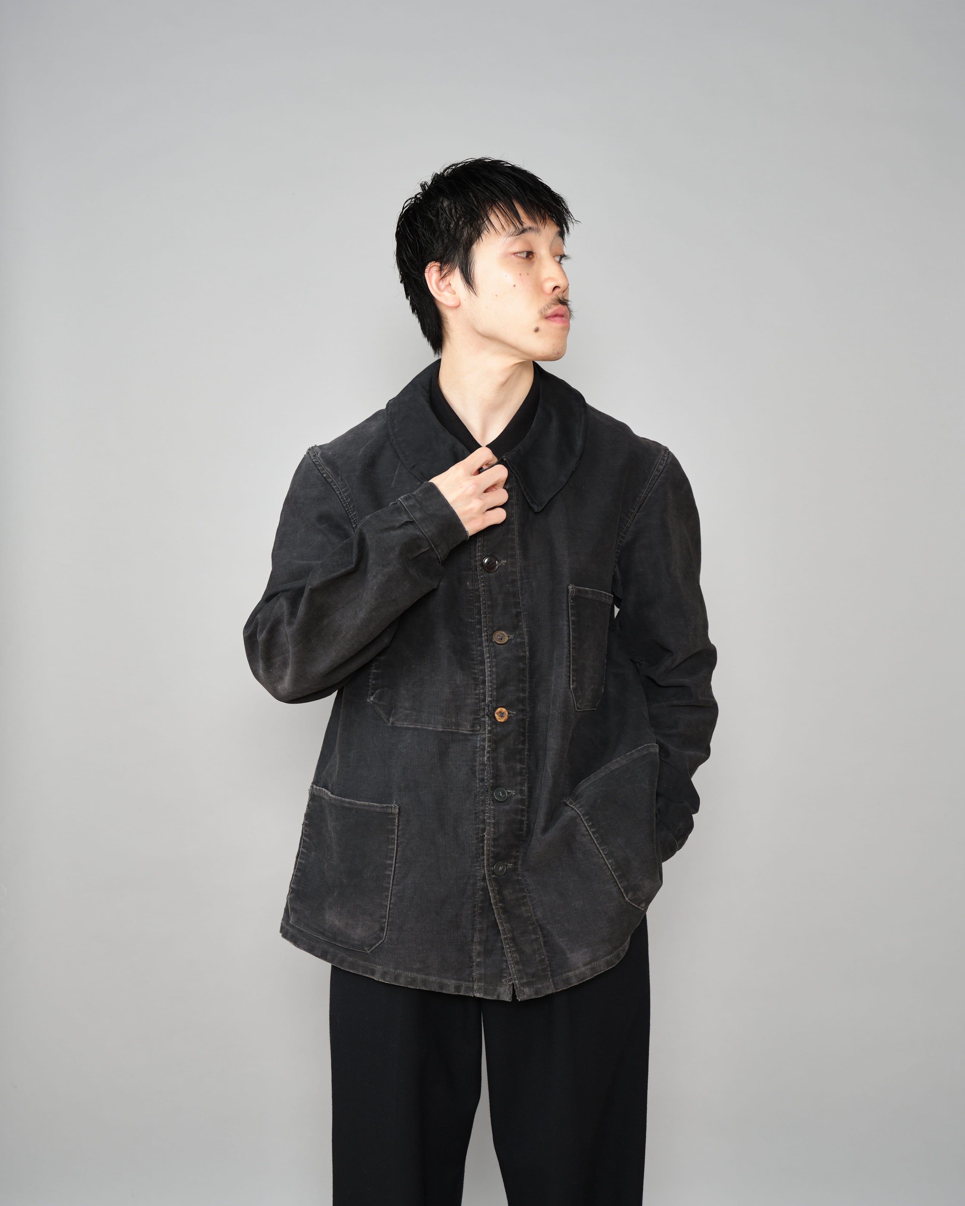 【~40's】French Vintage Black Moleskin Work Jacket "6 Buttons"
