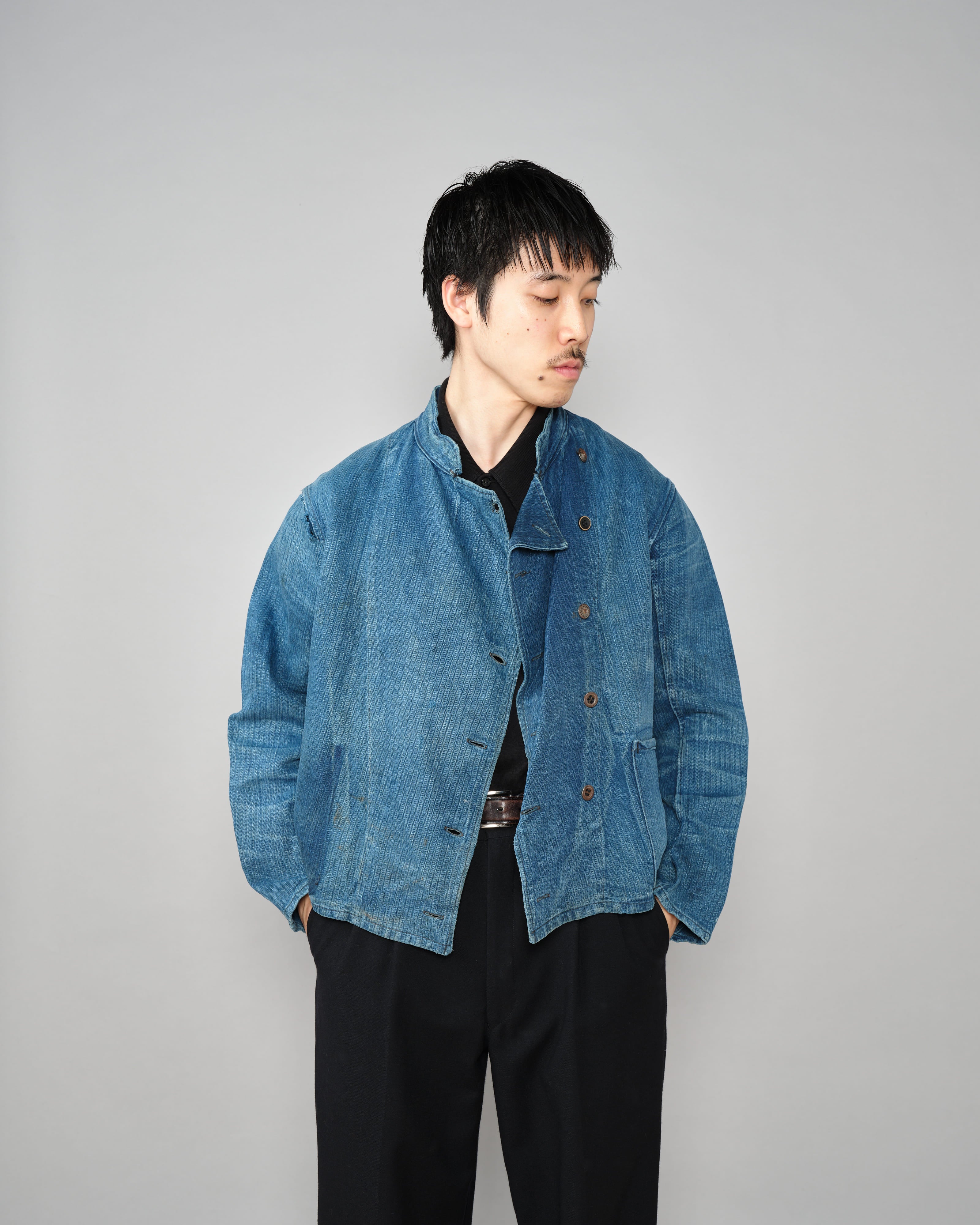 【~30's】French Army Indigo HBT Linen Double Breasted Mechanic Jacket "Modified"