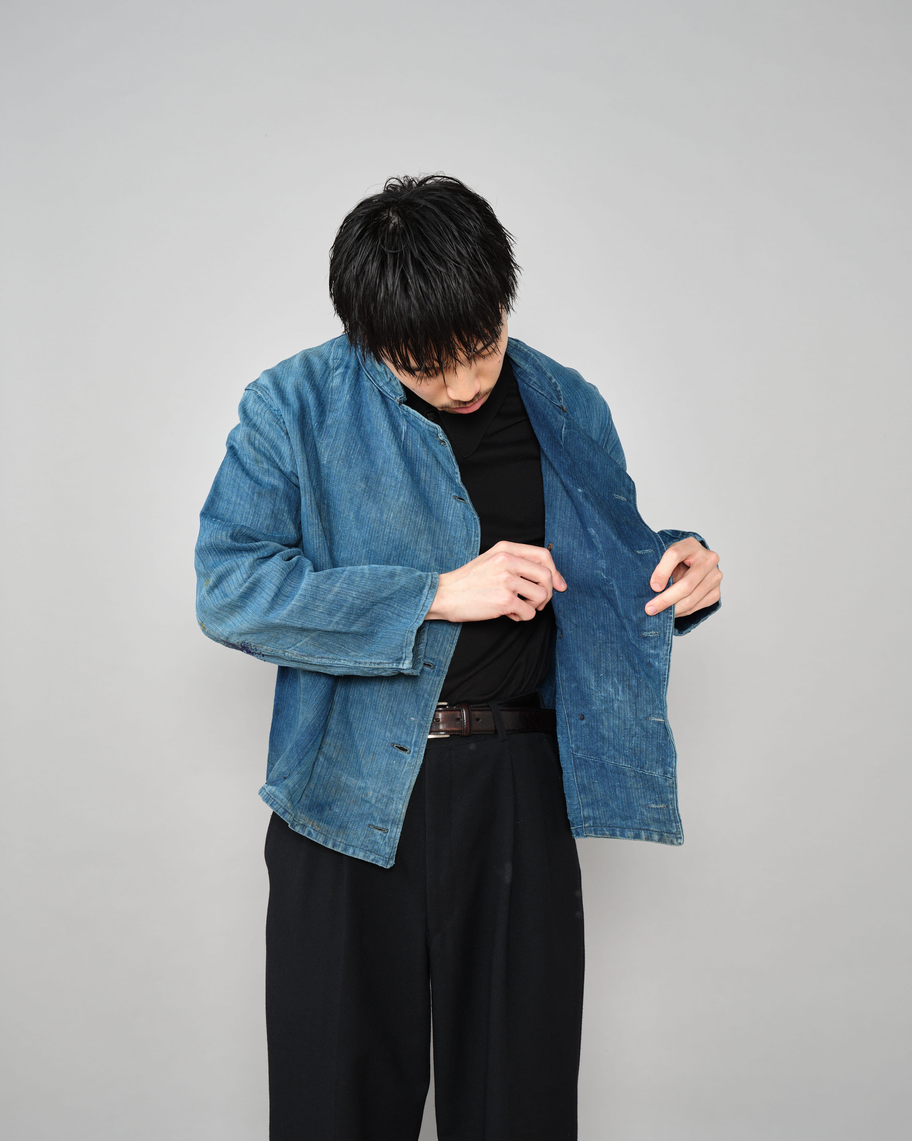【~30's】French Army Indigo HBT Linen Double Breasted Mechanic Jacket "Modified"