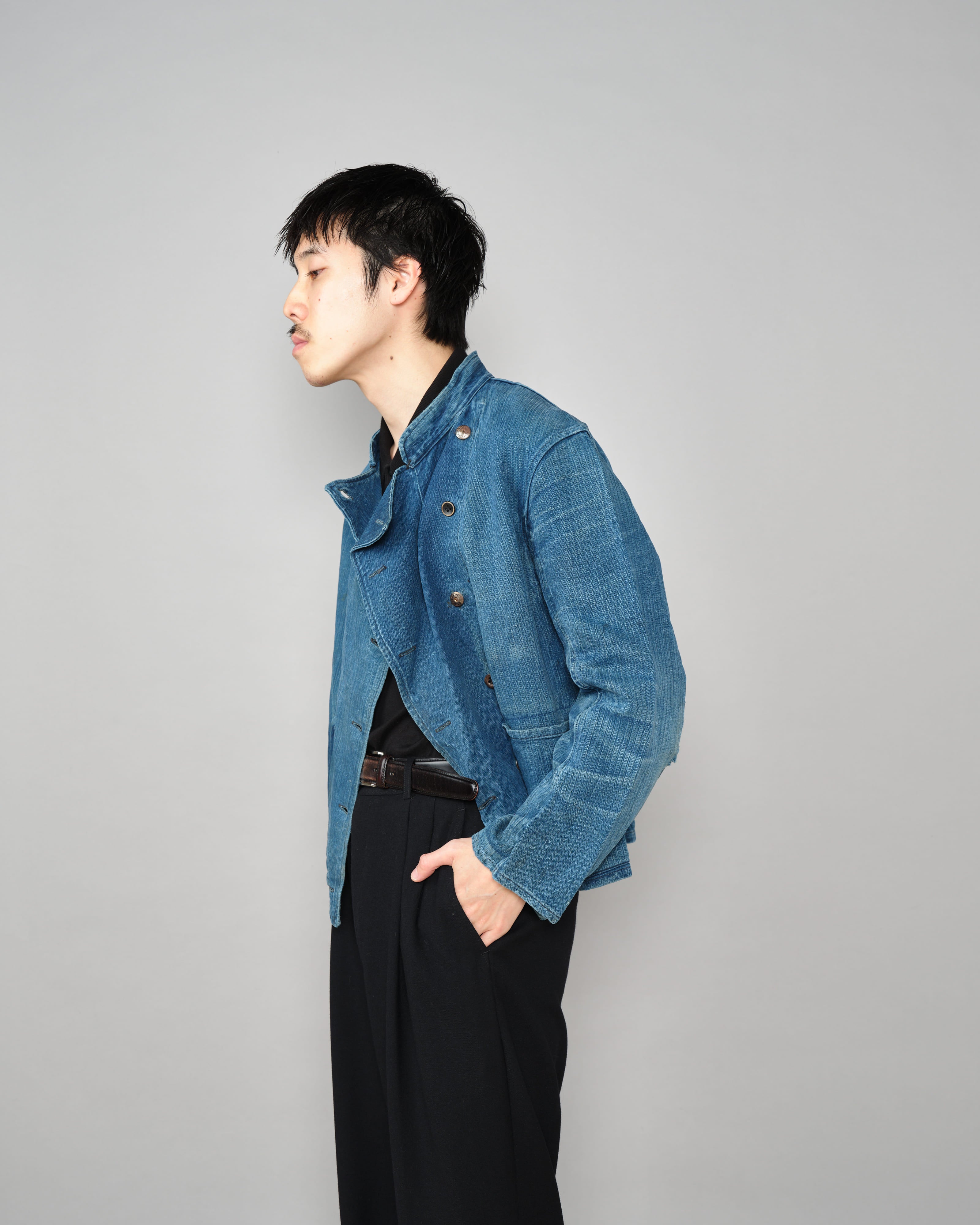 【~30's】French Army Indigo HBT Linen Double Breasted Mechanic Jacket "Modified"