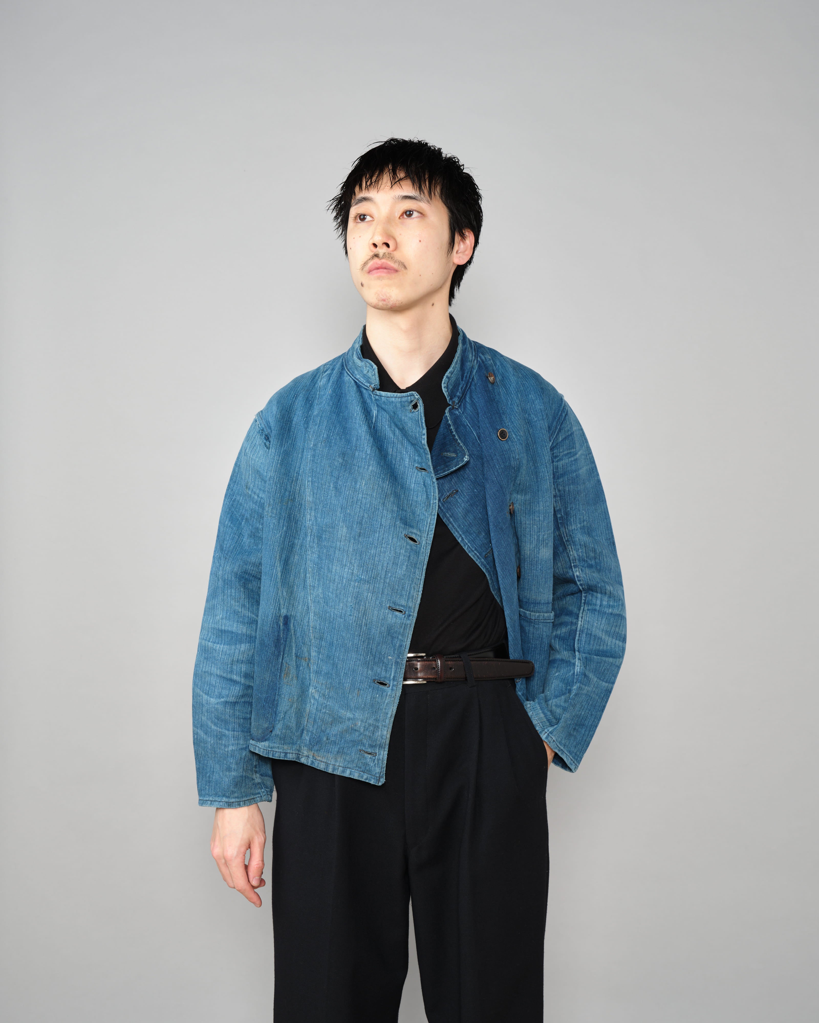 【~30's】French Army Indigo HBT Linen Double Breasted Mechanic Jacket "Modified"