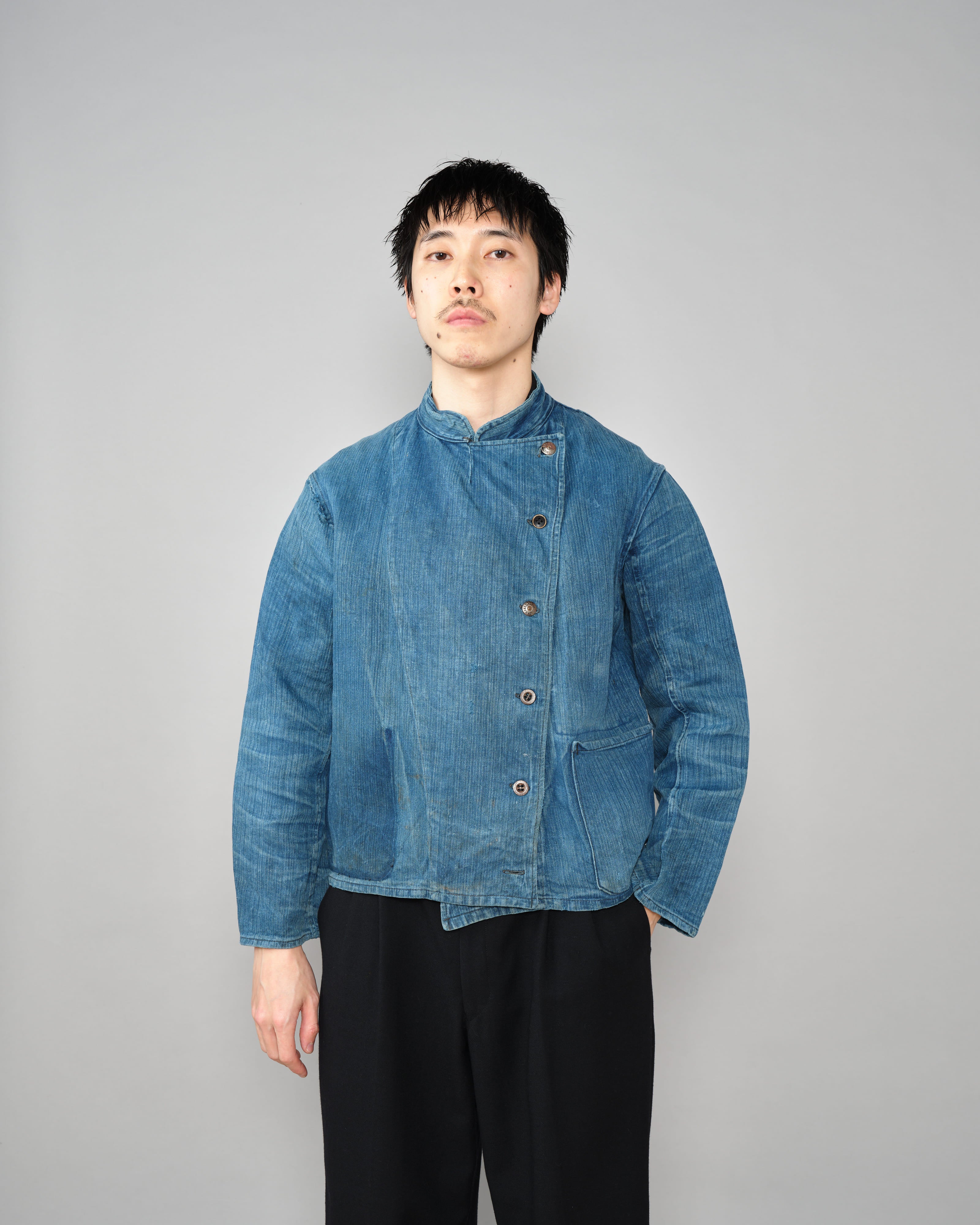 【~30's】French Army Indigo HBT Linen Double Breasted Mechanic Jacket "Modified"