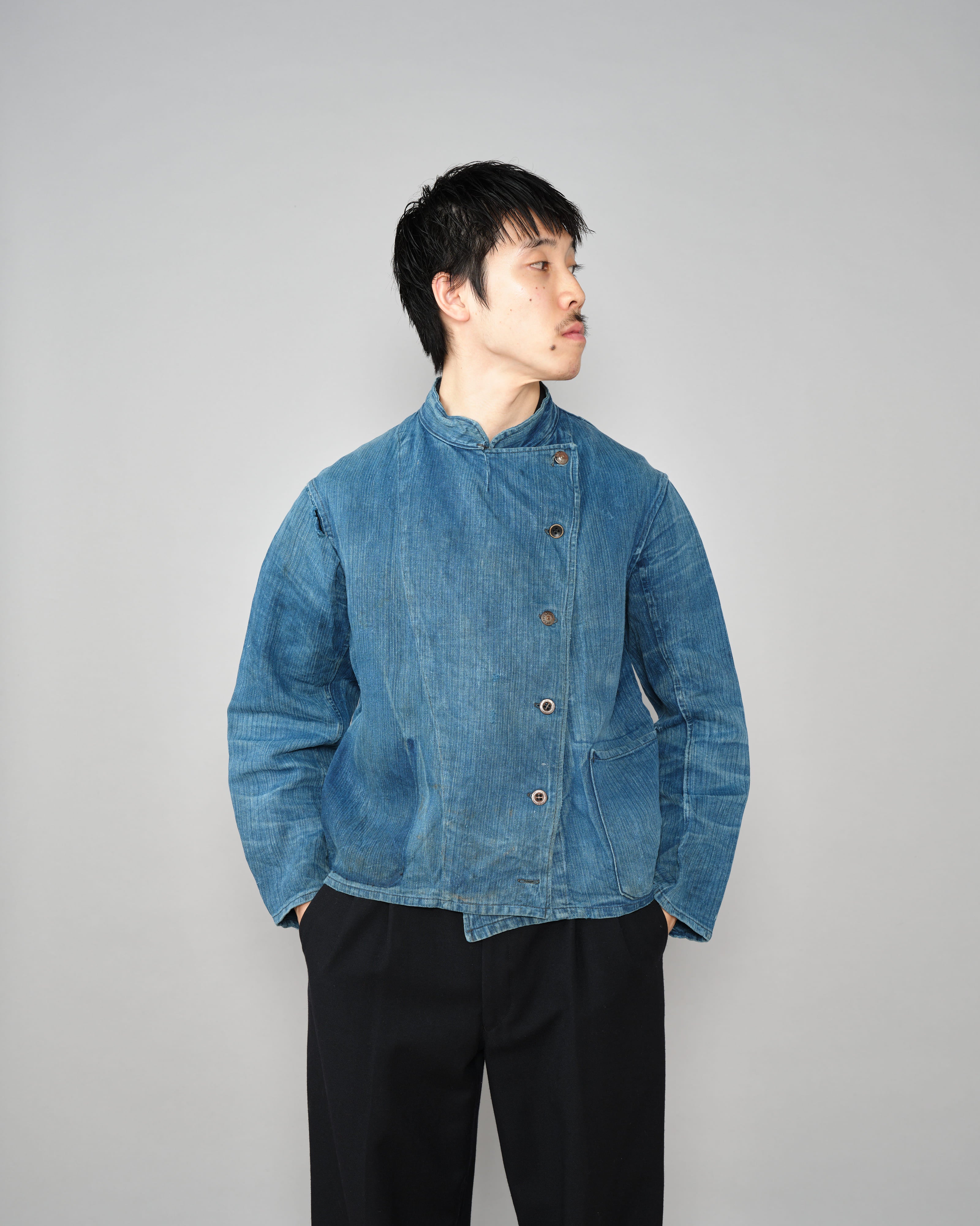【~30's】French Army Indigo HBT Linen Double Breasted Mechanic Jacket "Modified"