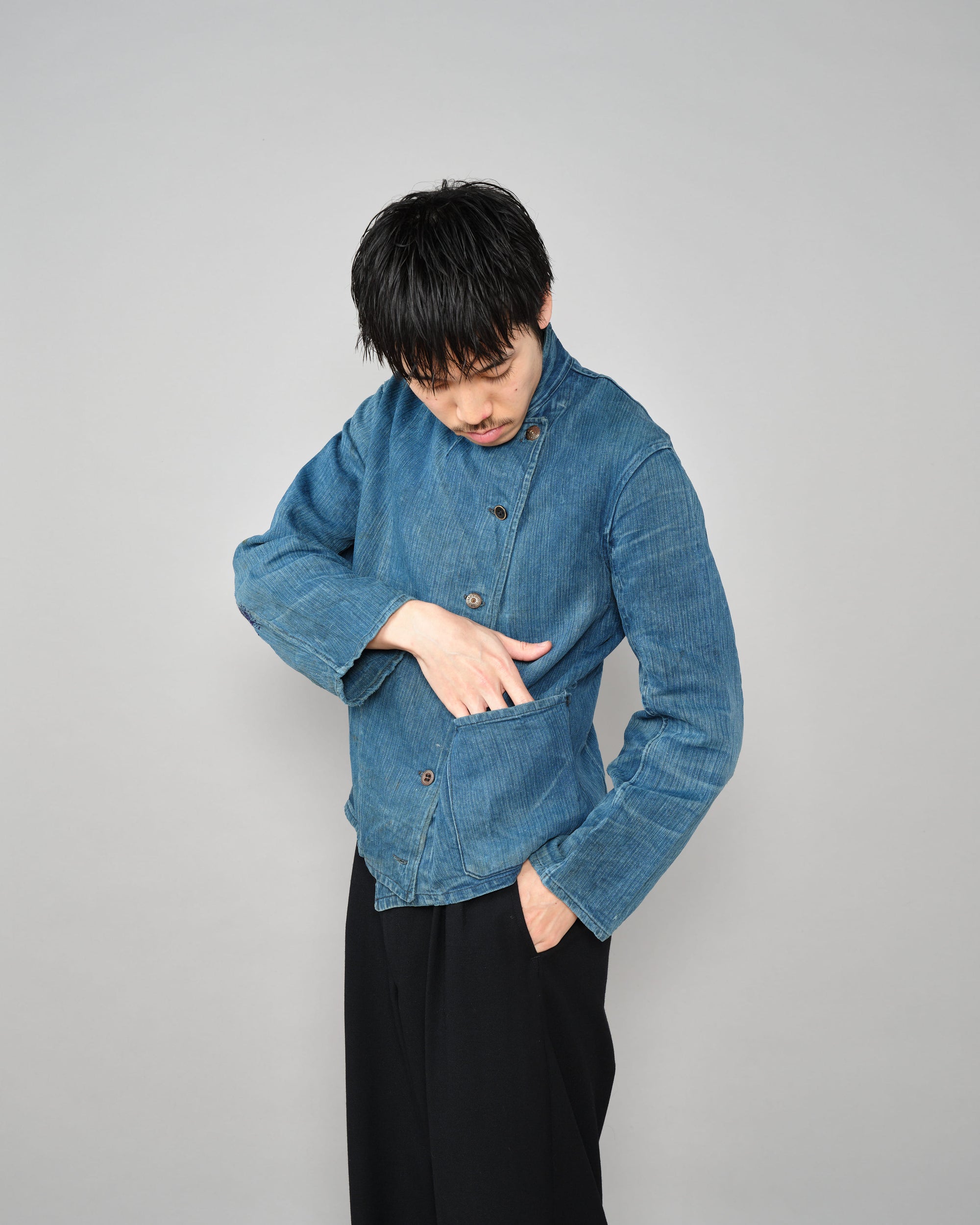 ［~30's］French Army Indigo HBT Linen Double Breasted Mechanic Jacket "Modified"