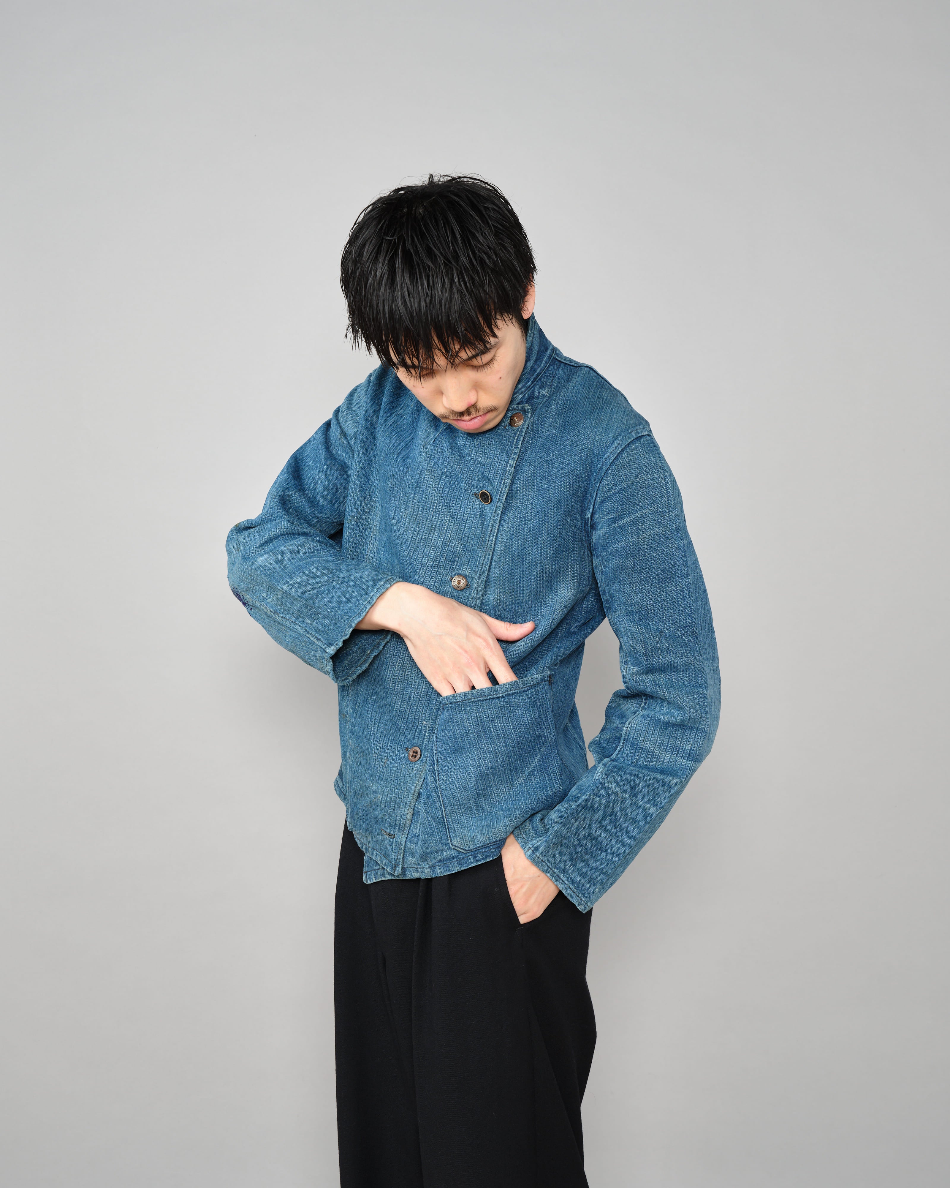 【~30's】French Army Indigo HBT Linen Double Breasted Mechanic Jacket "Modified"
