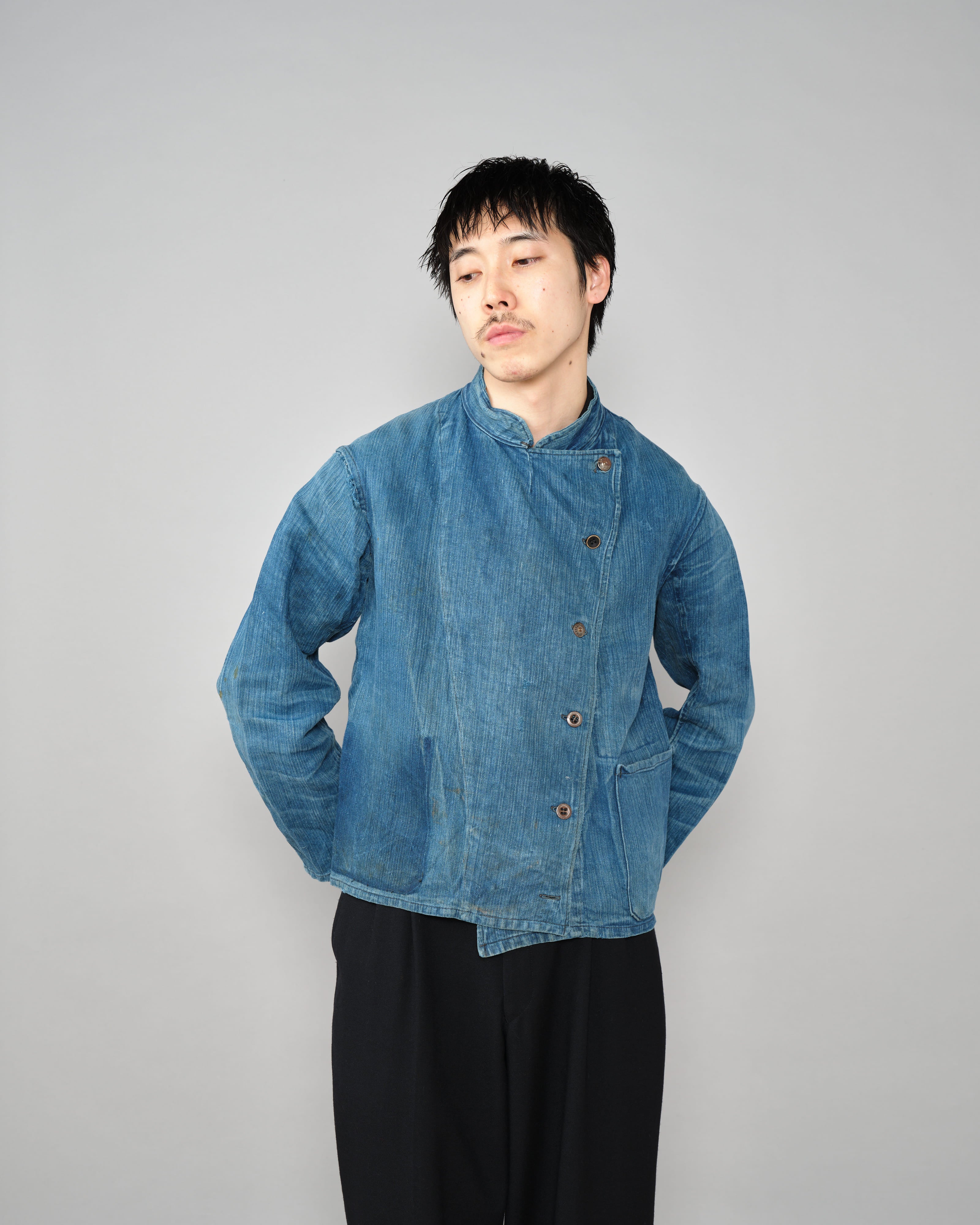 【~30's】French Army Indigo HBT Linen Double Breasted Mechanic Jacket "Modified"
