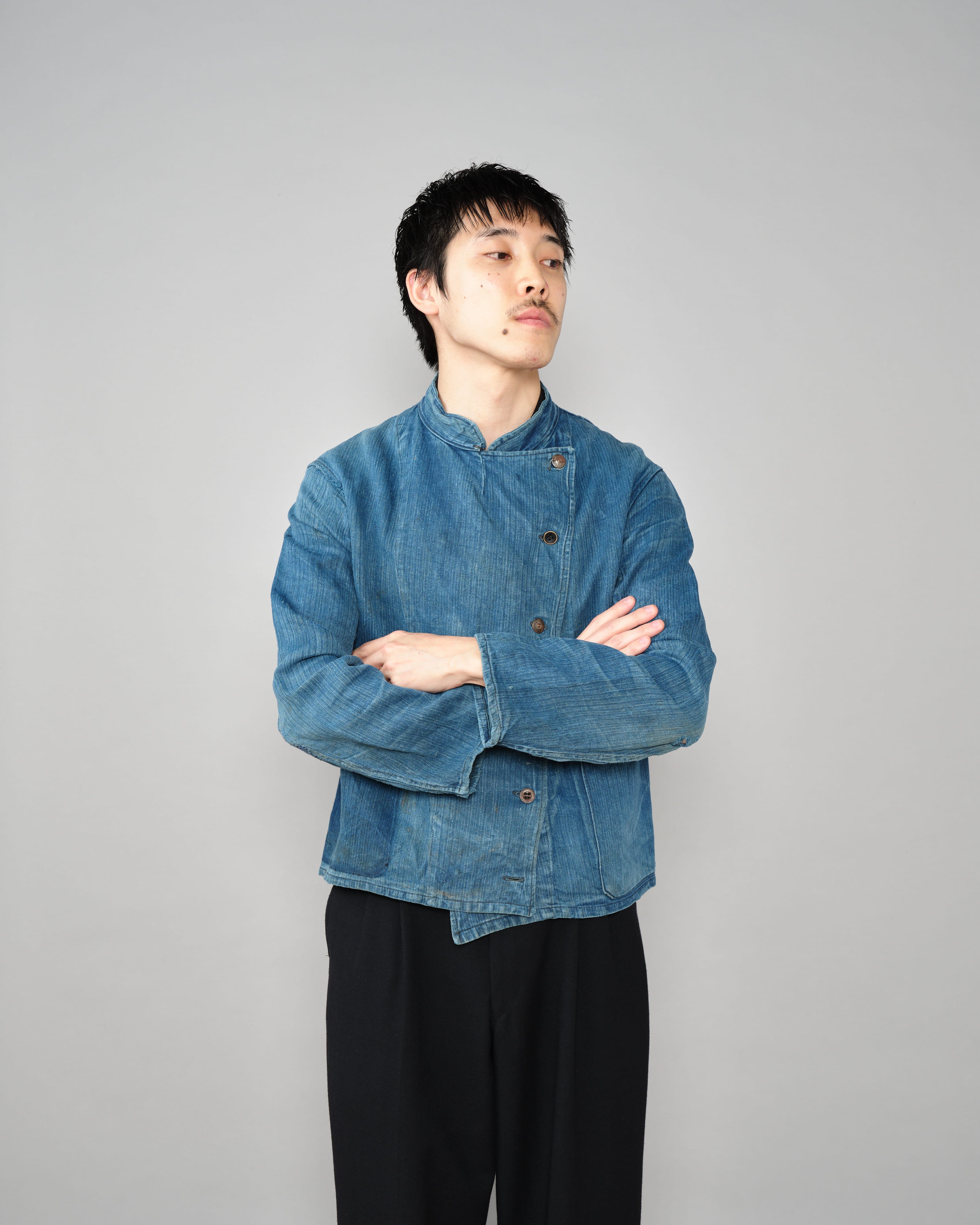 【~30's】French Army Indigo HBT Linen Double Breasted Mechanic Jacket "Modified"