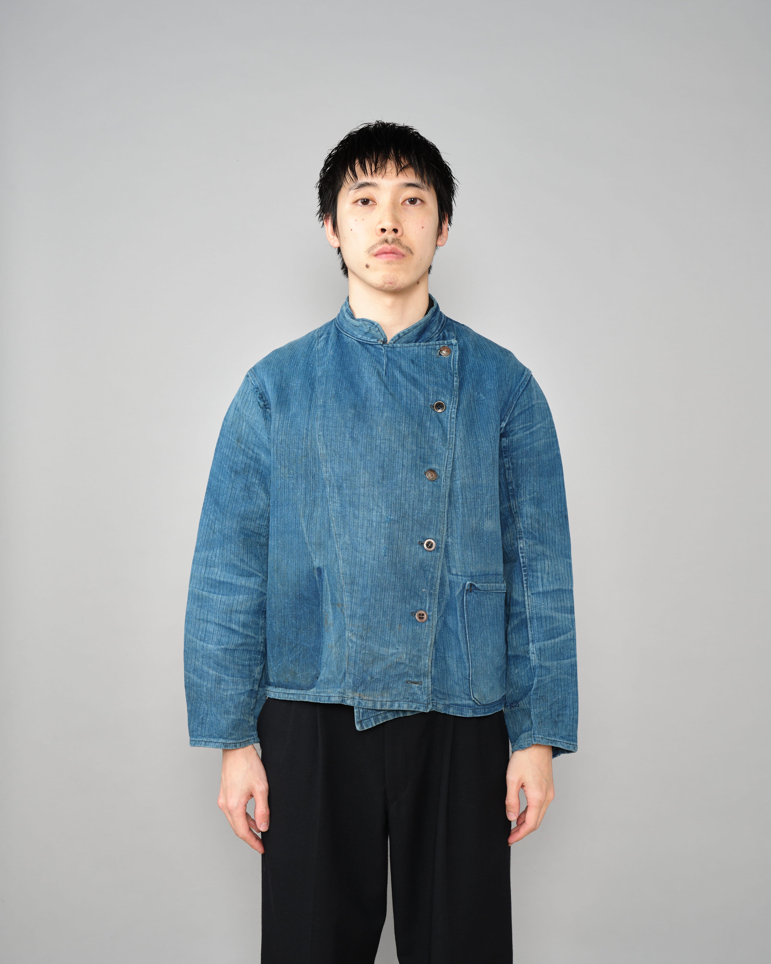 【~30's】French Army Indigo HBT Linen Double Breasted Mechanic Jacket "Modified"