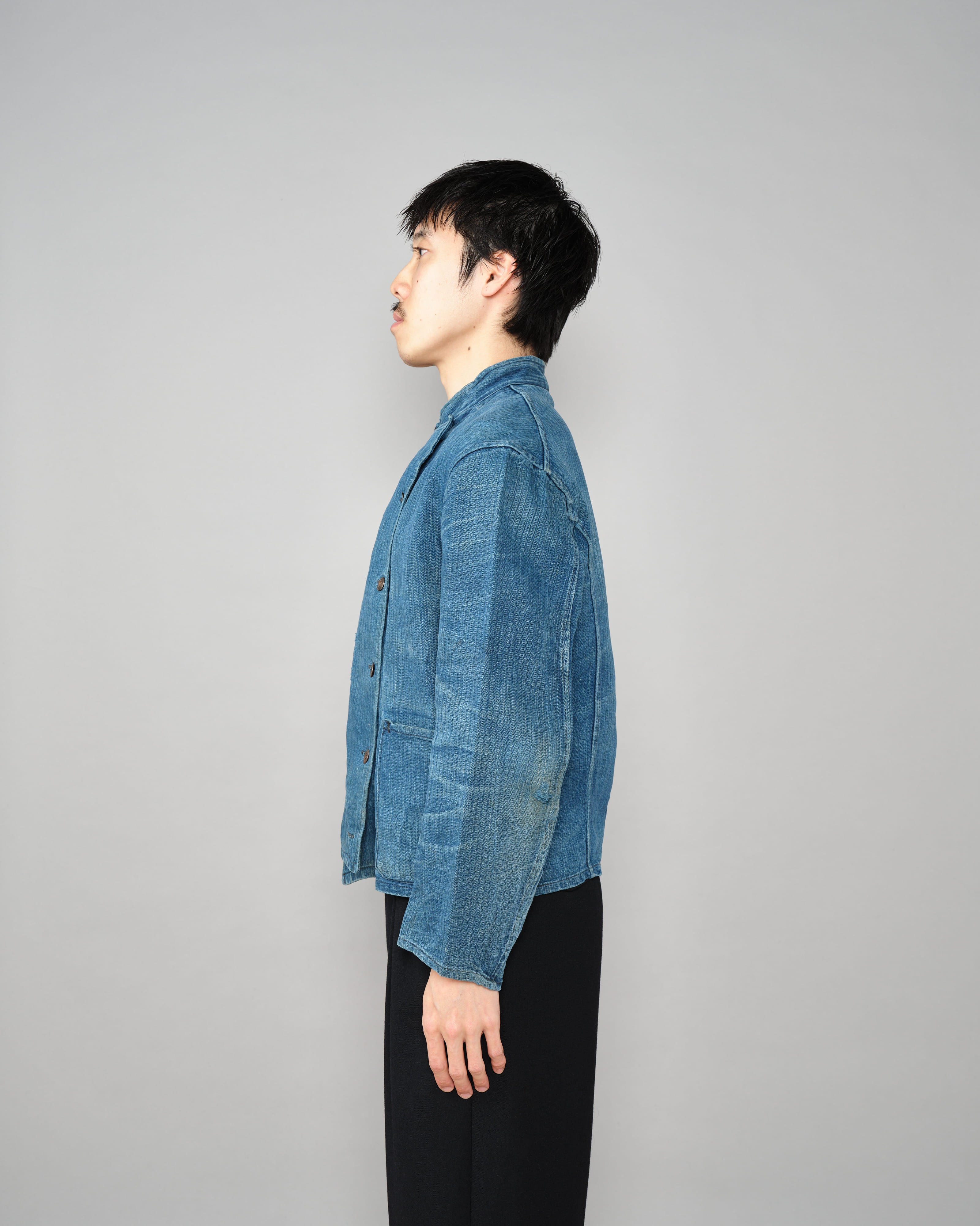 【~30's】French Army Indigo HBT Linen Double Breasted Mechanic Jacket "Modified"