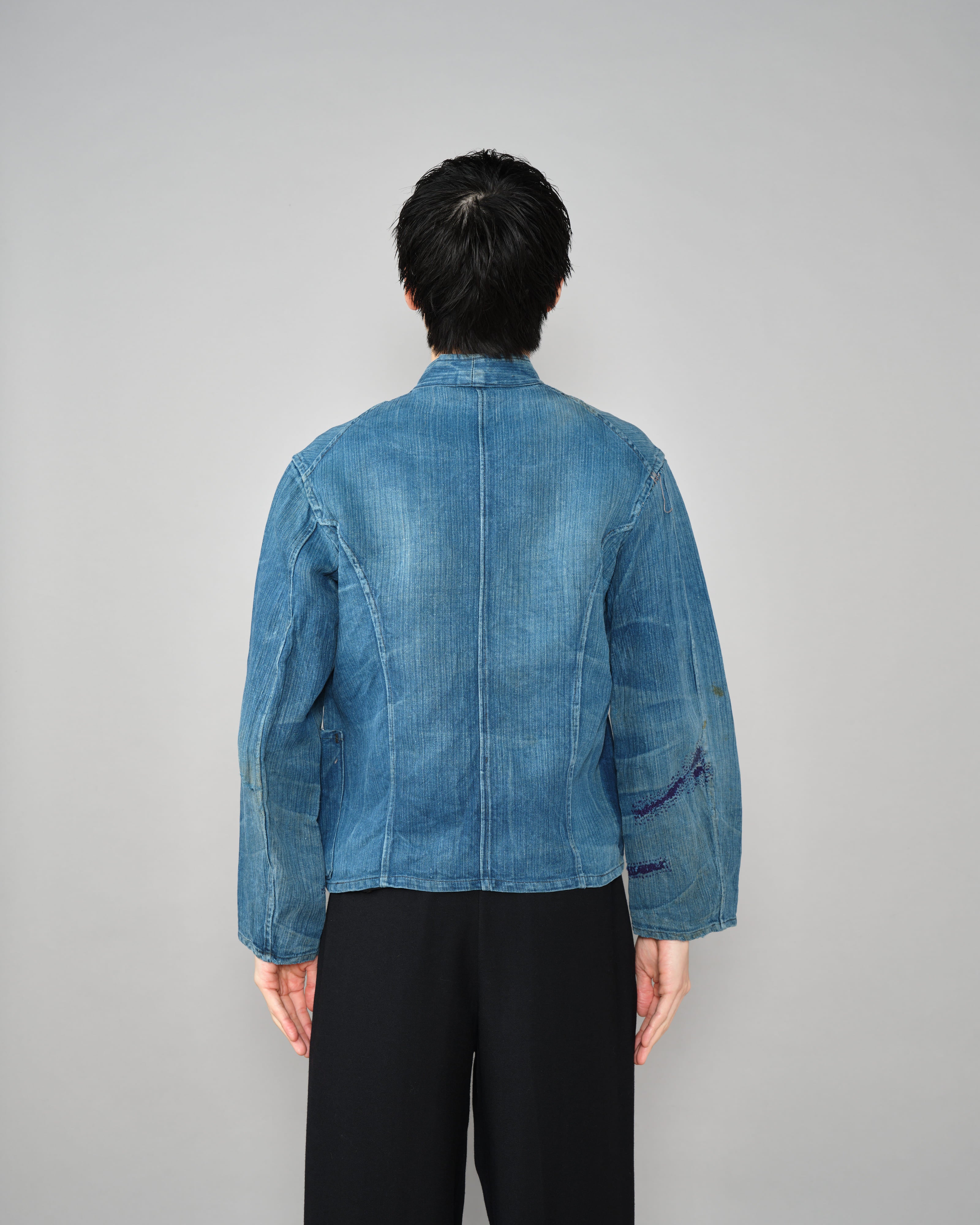 【~30's】French Army Indigo HBT Linen Double Breasted Mechanic Jacket "Modified"