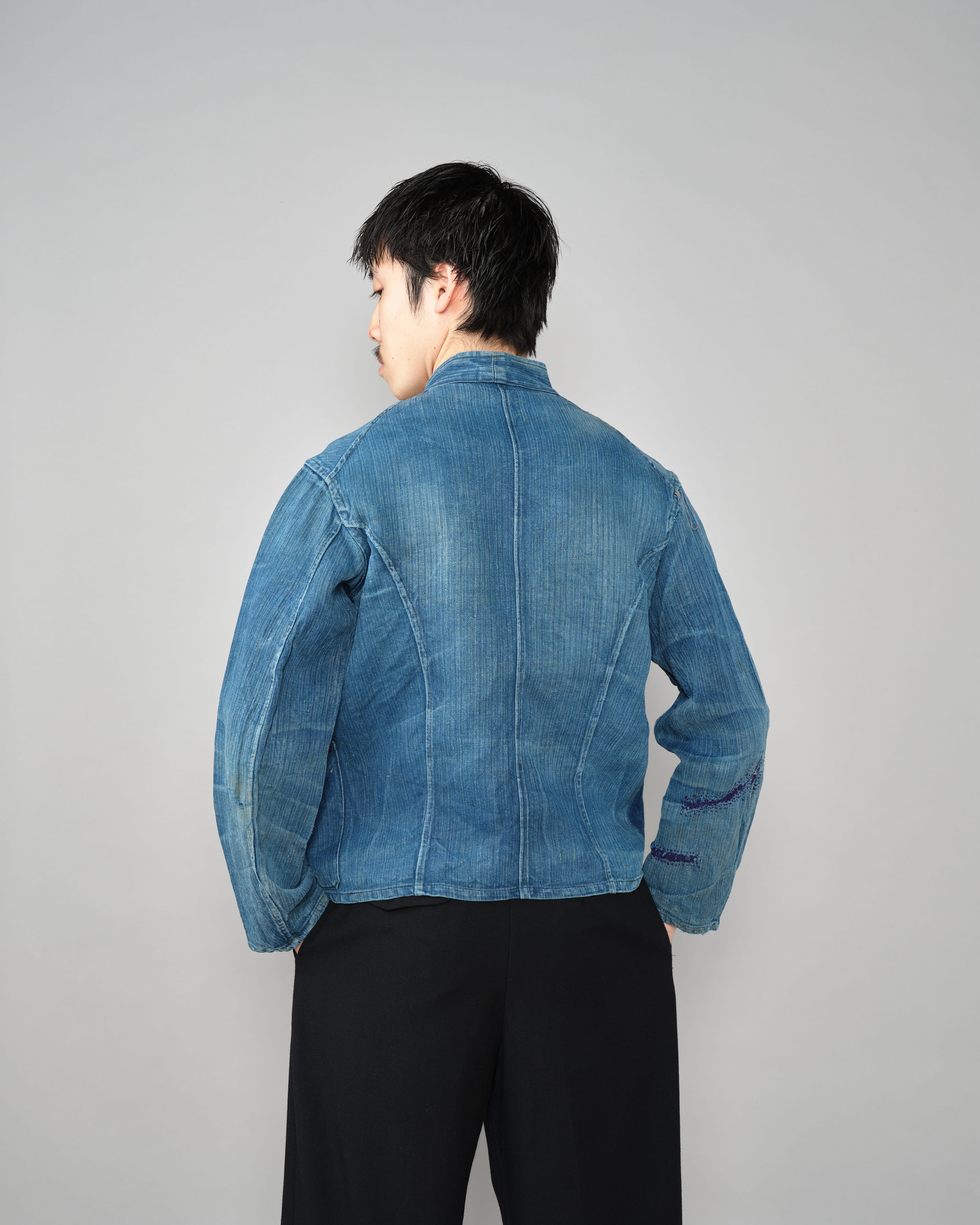 【~30's】French Army Indigo HBT Linen Double Breasted Mechanic Jacket "Modified"