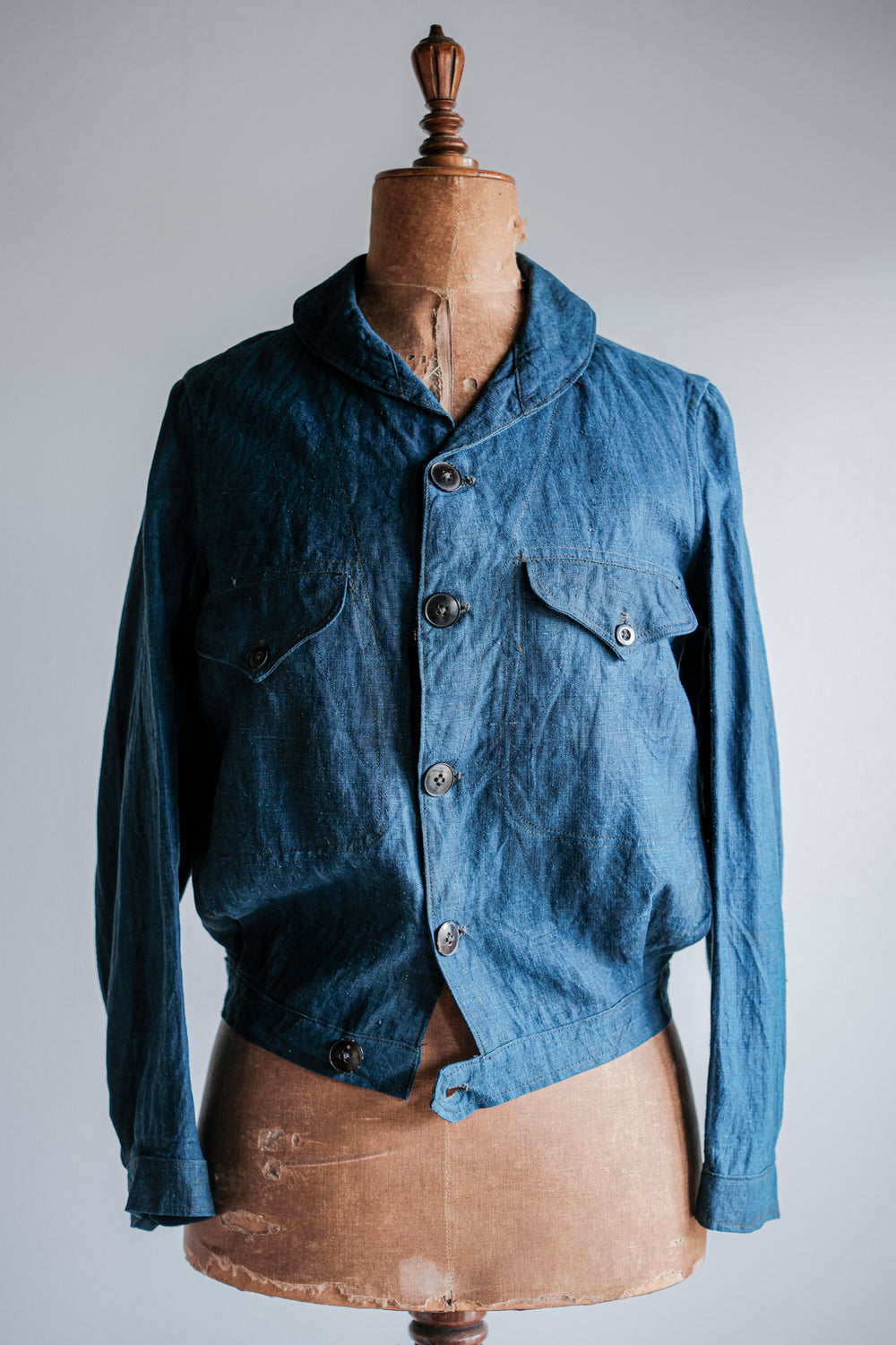 ［~40's］French Navy Indigo Linen Shawl Collar Mechanic Jacket "Marine Nationale"