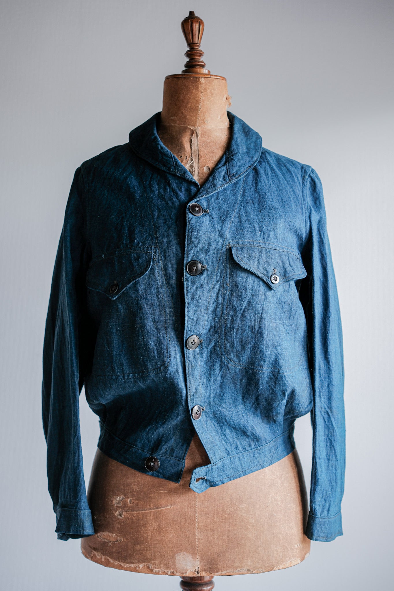 ［~40's］French Navy Indigo Linen Shawl Collar Mechanic Jacket "Marine Nationale"