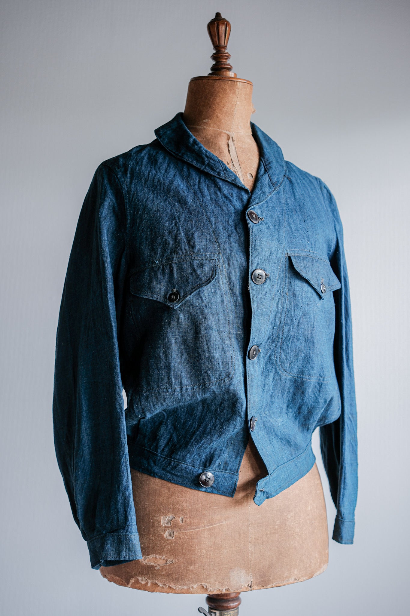 ［~40's］French Navy Indigo Linen Shawl Collar Mechanic Jacket "Marine Nationale"