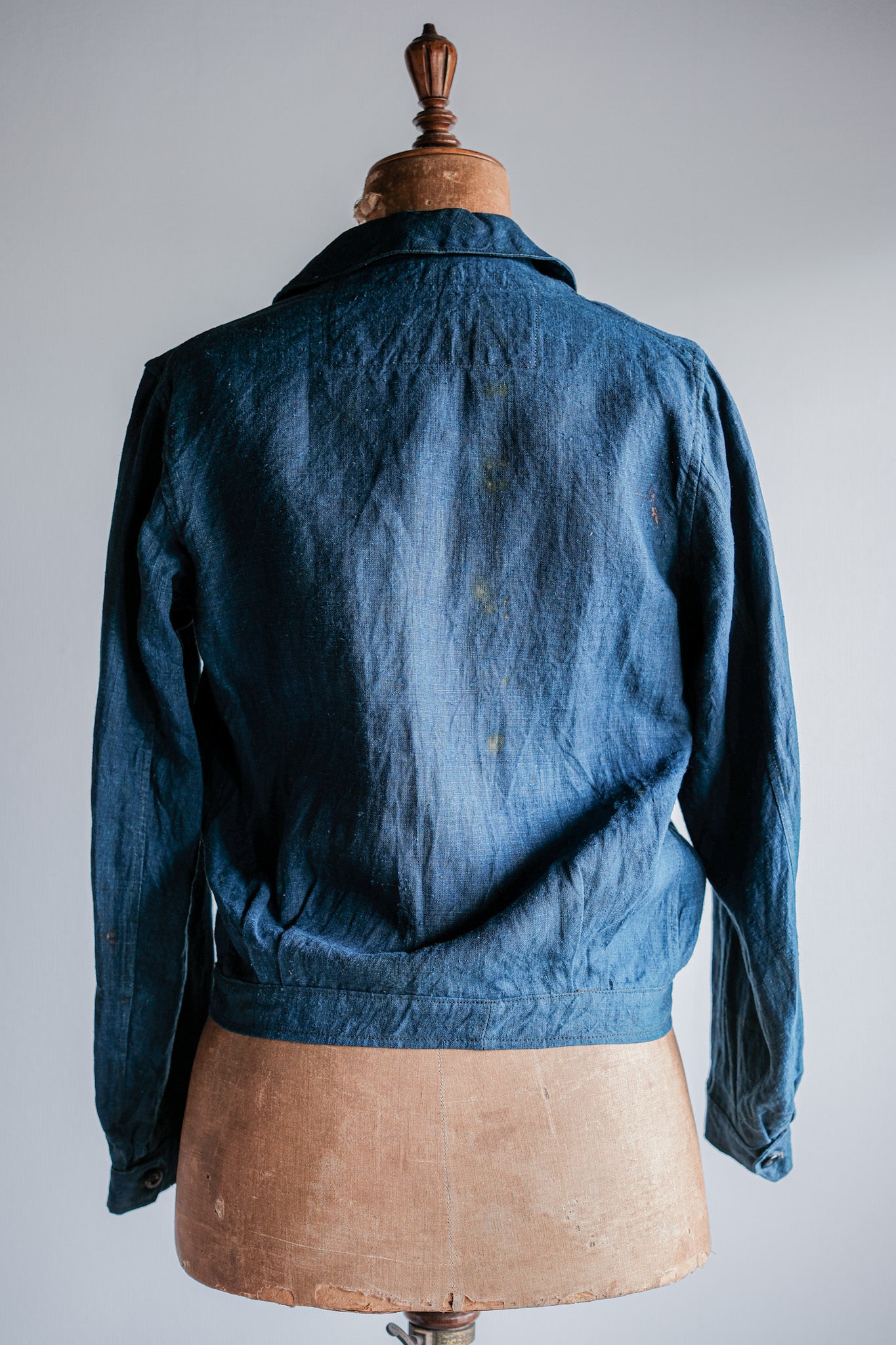 【~40's】French Navy Indigo Linen Shawl Collar Mechanic Jacket "Marine Nationale"