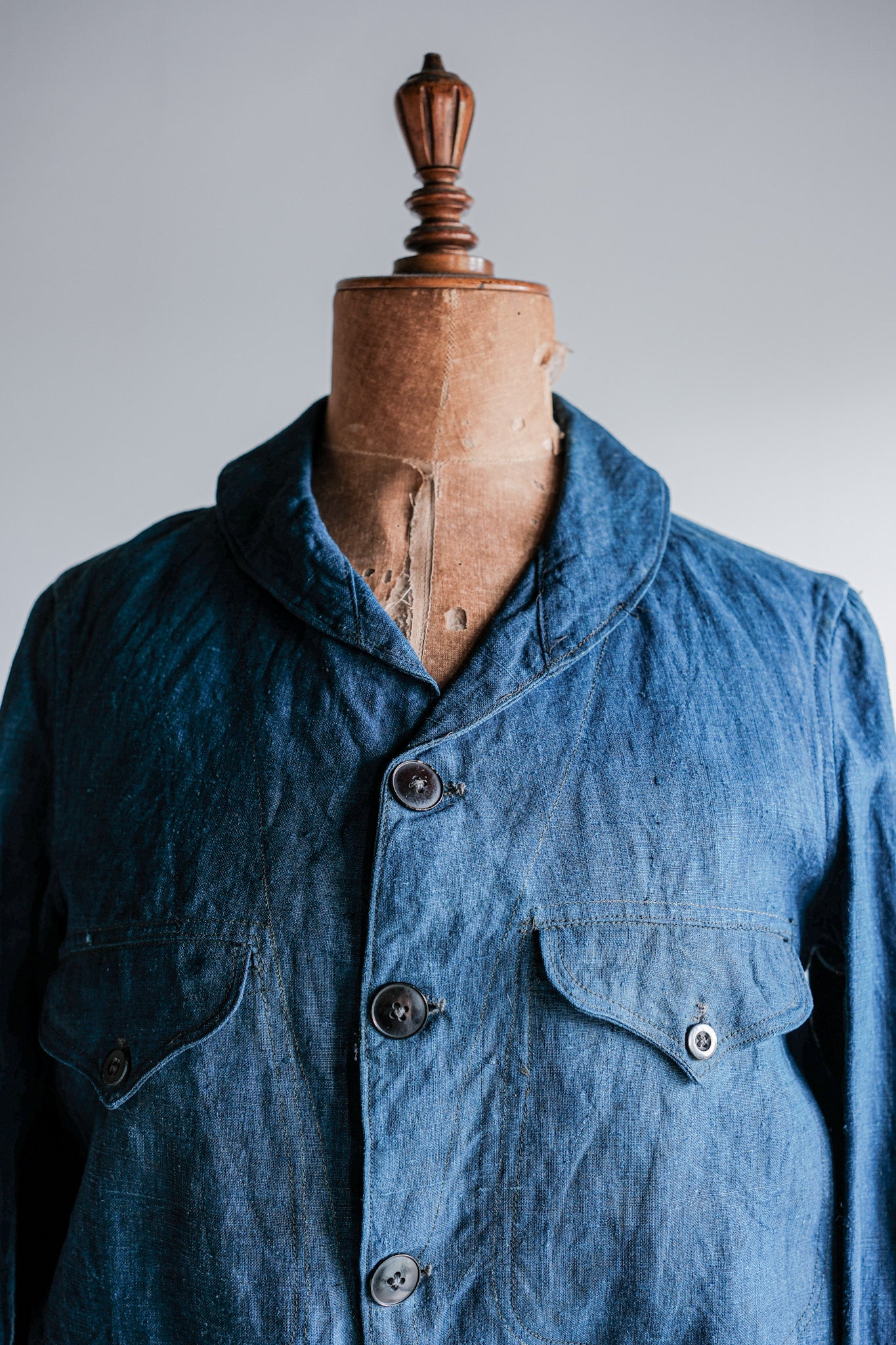 【~40's】French Navy Indigo Linen Shawl Collar Mechanic Jacket "Marine Nationale"