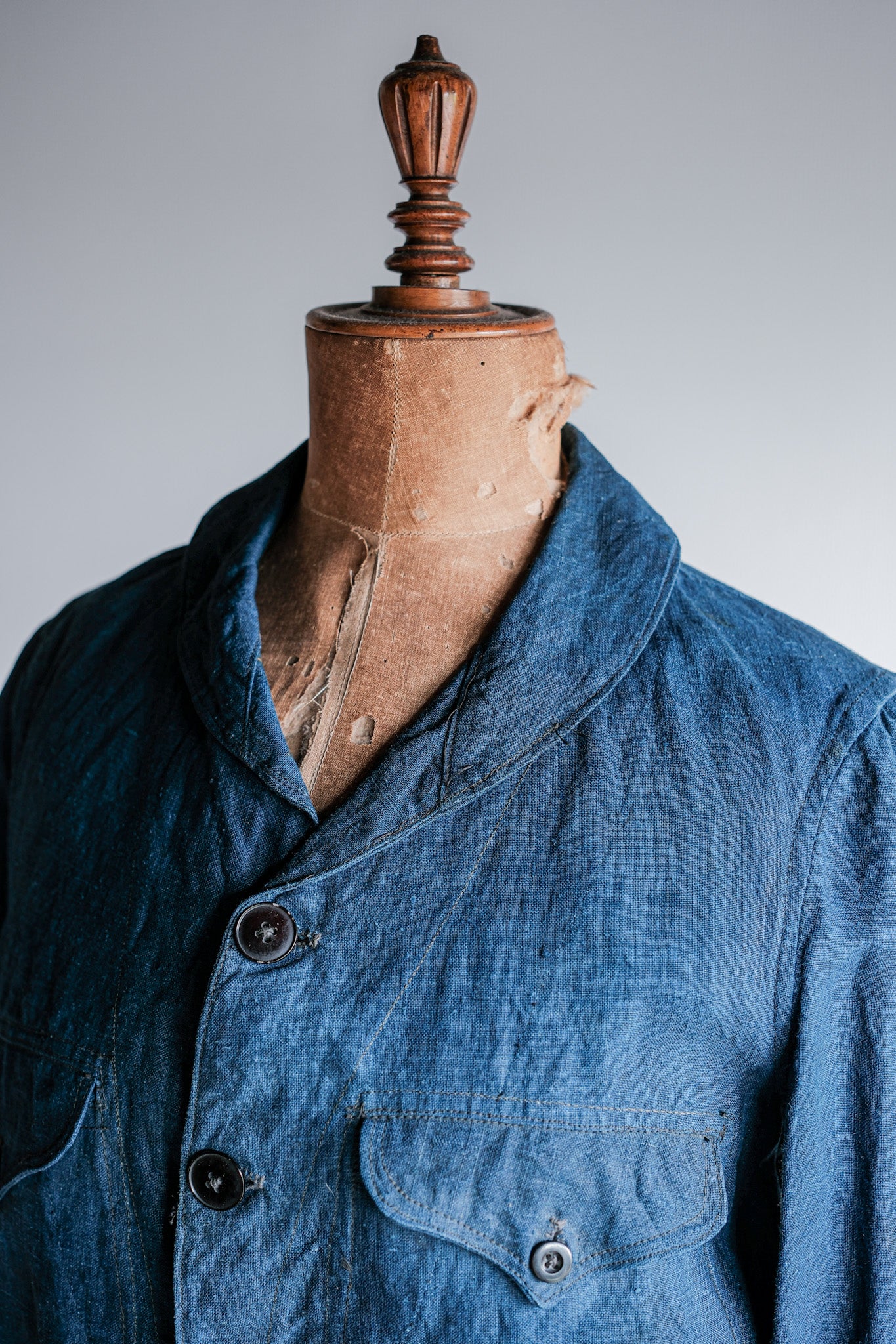 【~40's】French Navy Indigo Linen Shawl Collar Mechanic Jacket "Marine Nationale"