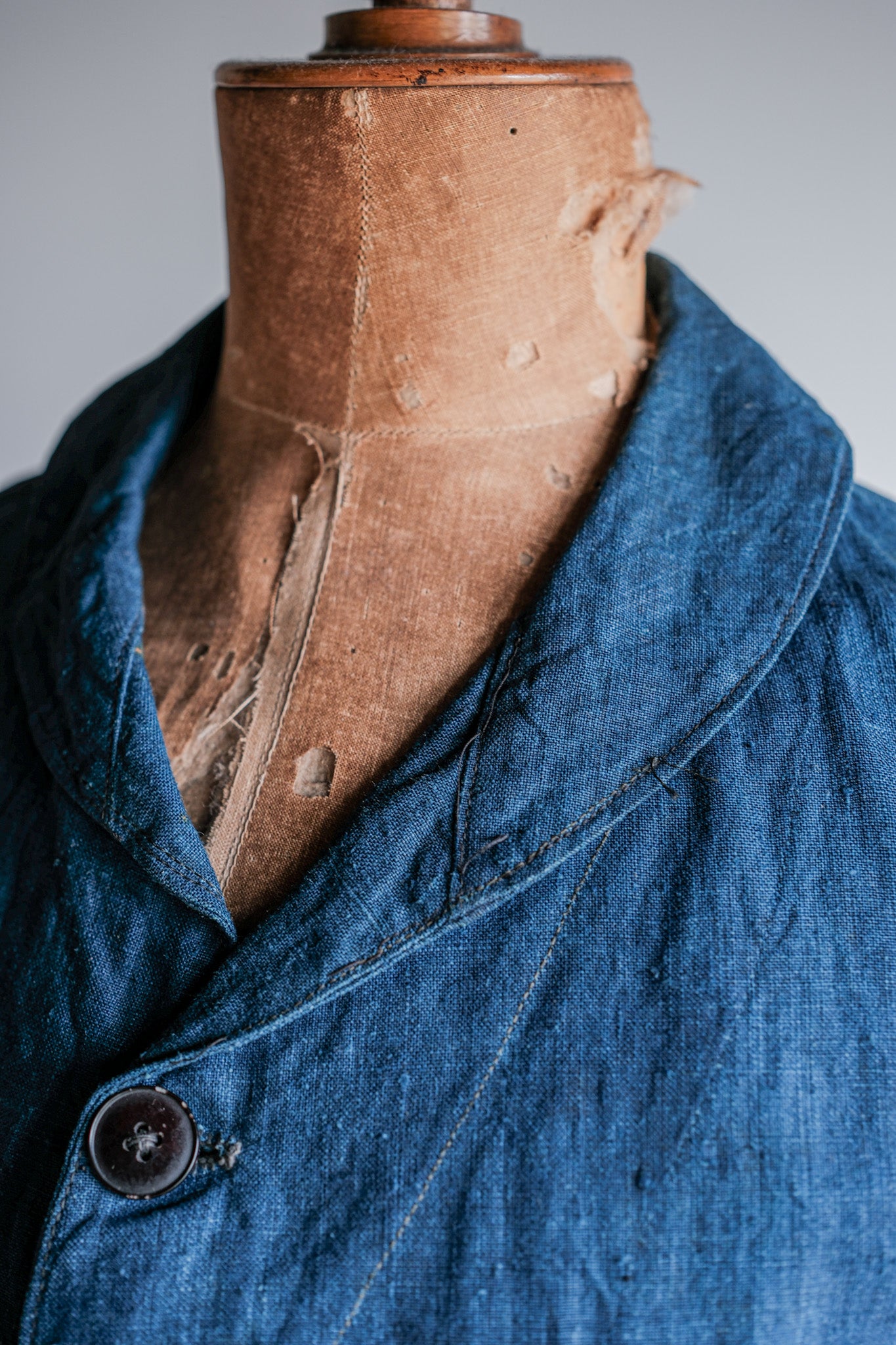 【~40's】French Navy Indigo Linen Shawl Collar Mechanic Jacket "Marine Nationale"