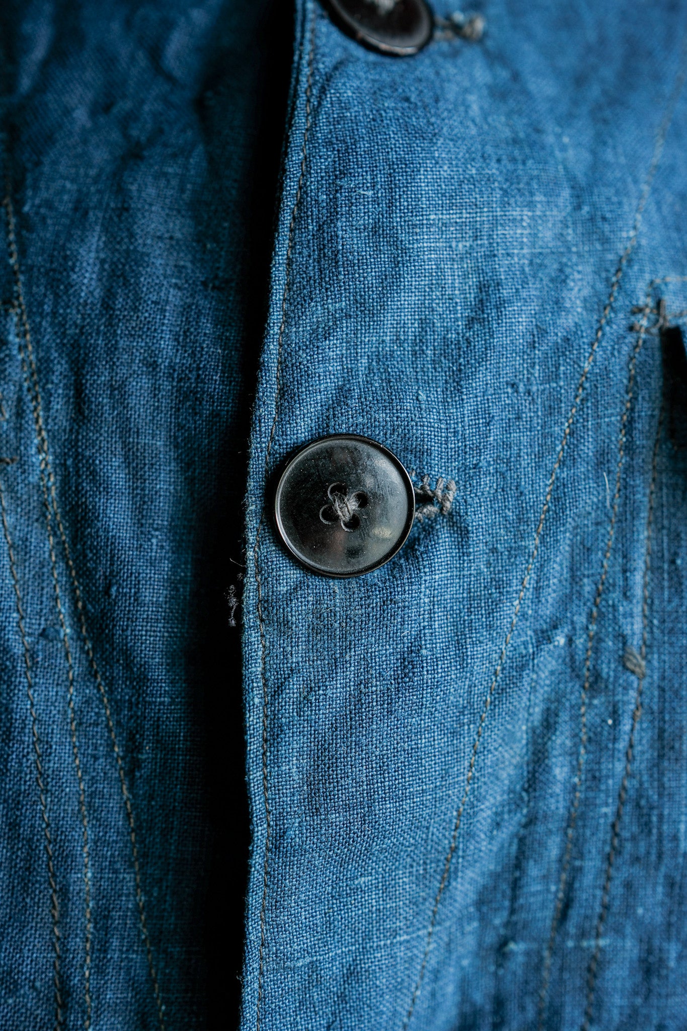 【~40's】French Navy Indigo Linen Shawl Collar Mechanic Jacket "Marine Nationale"