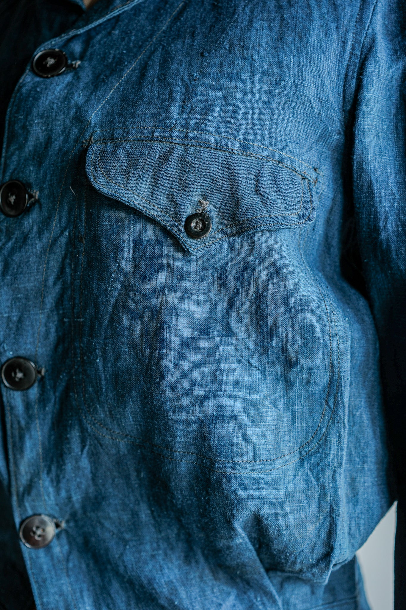 【~40's】French Navy Indigo Linen Shawl Collar Mechanic Jacket "Marine Nationale"