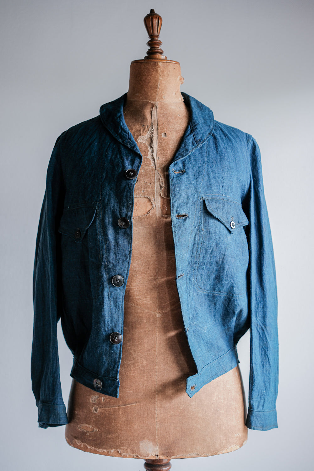［~40's］French Navy Indigo Linen Shawl Collar Mechanic Jacket "Marine Nationale"