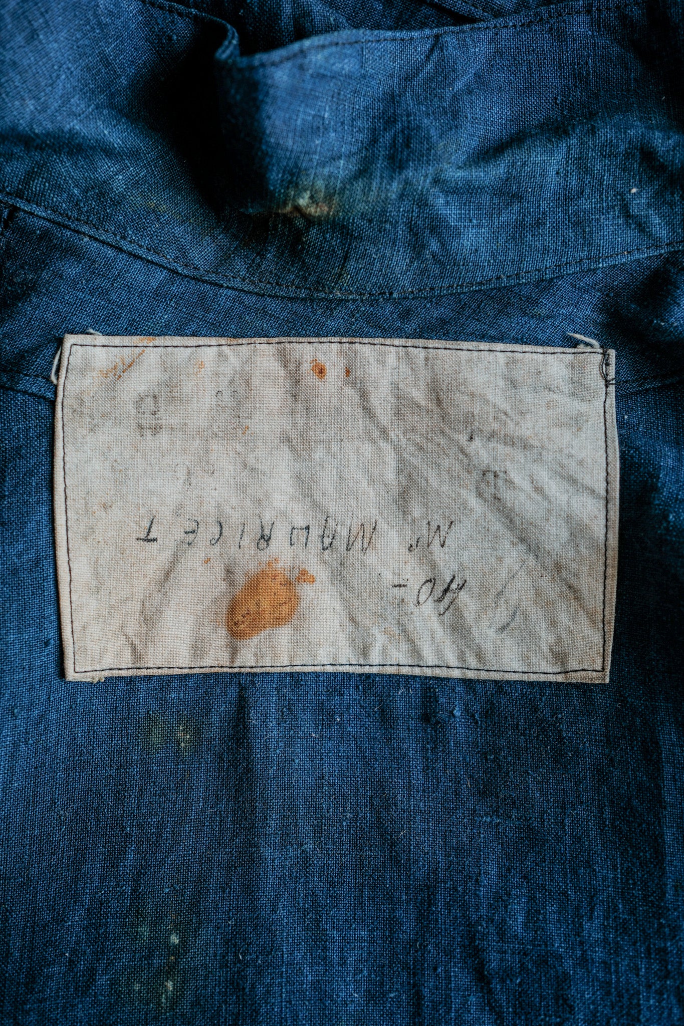 【~40's】French Navy Indigo Linen Shawl Collar Mechanic Jacket "Marine Nationale"