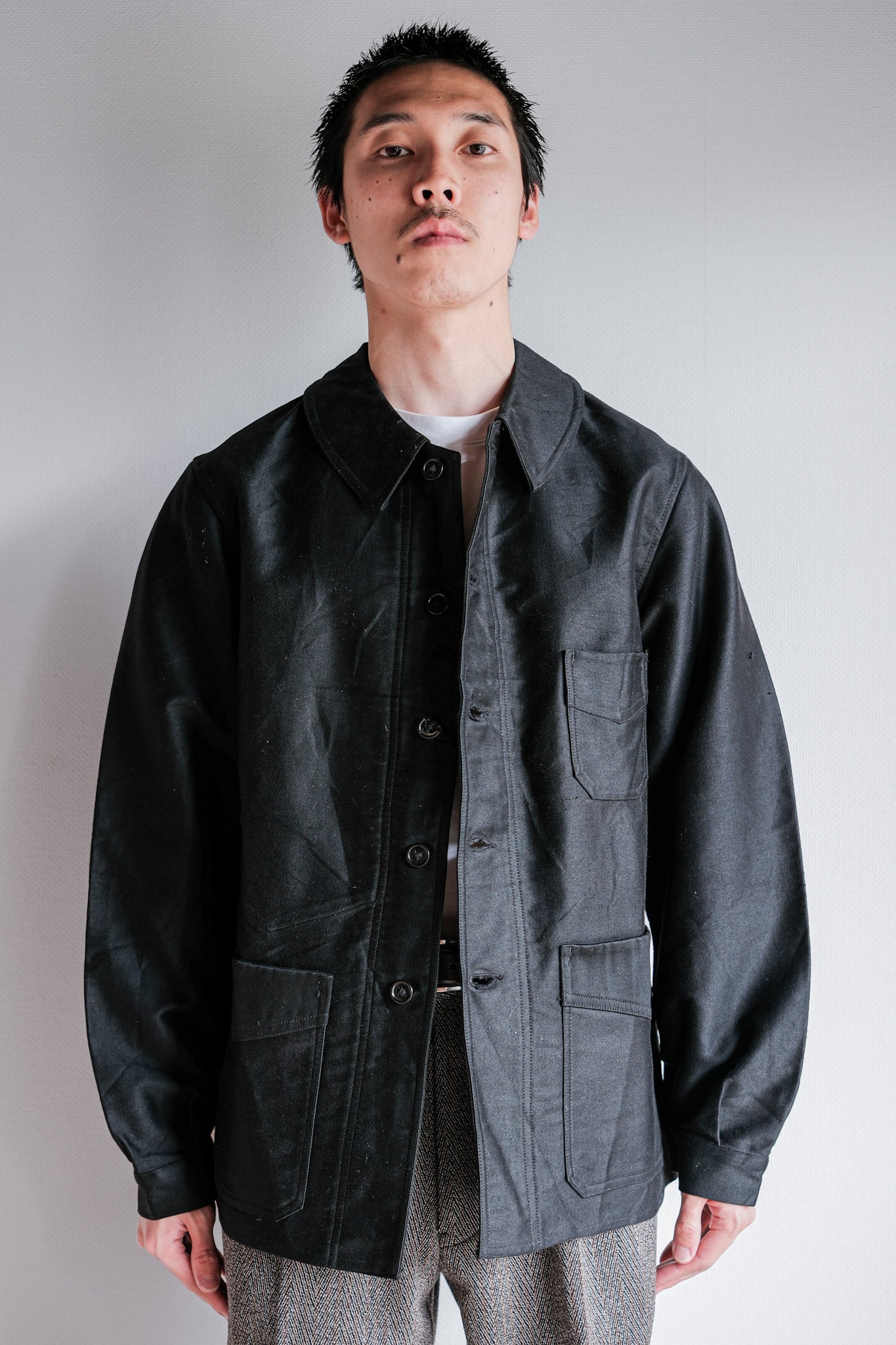 [~ 30's] French Vintage Black Moleskin Work Jacket "Le Mont St. Michel"