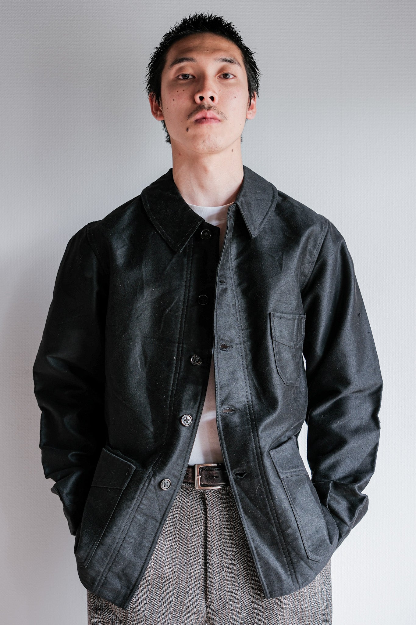 [~ 30's] French Vintage Black Moleskin Work Jacket "Le Mont St. Michel"