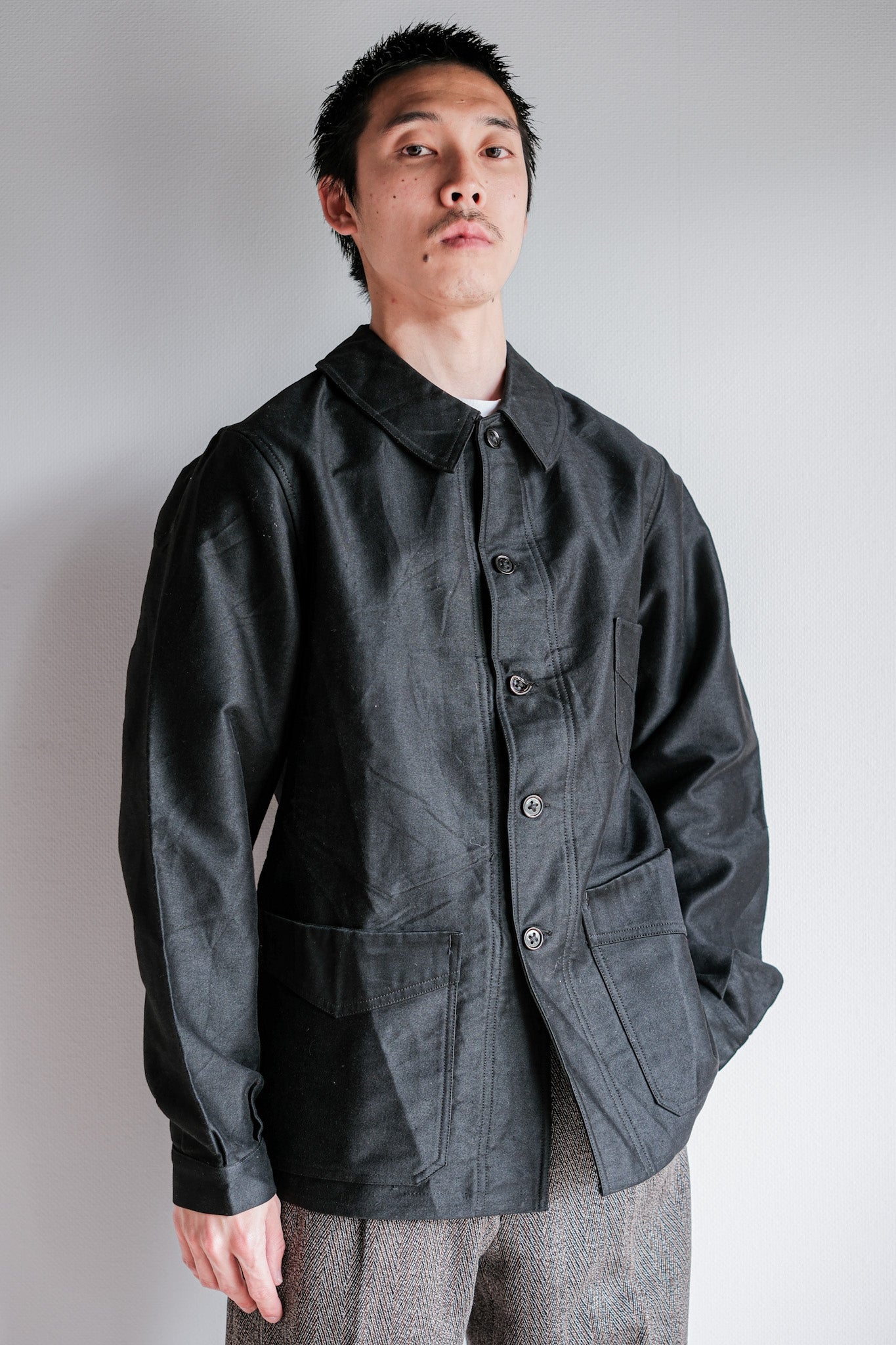 【~30's】French Vintage Black Moleskin Work Jacket "Le Mont St. Michel"