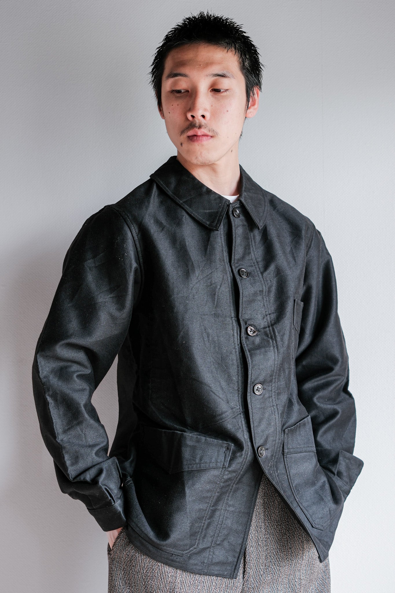 [~ 30's] French Vintage Black Moleskin Work Jacket "Le Mont St. Michel"