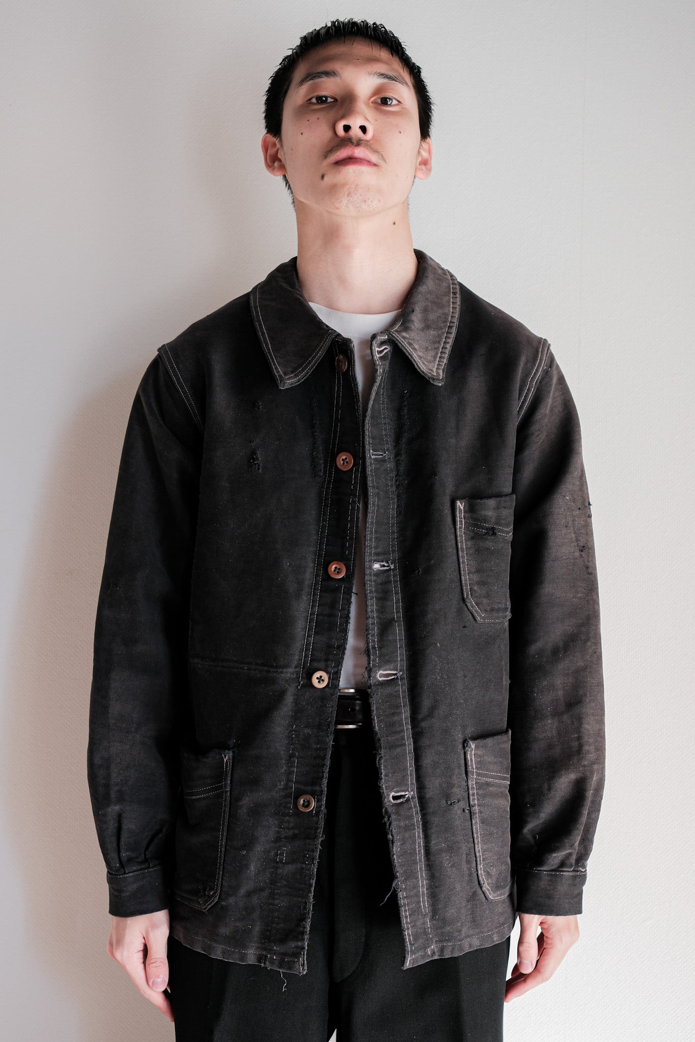 40's] French Vintage Black Moleskin Work Jacket 