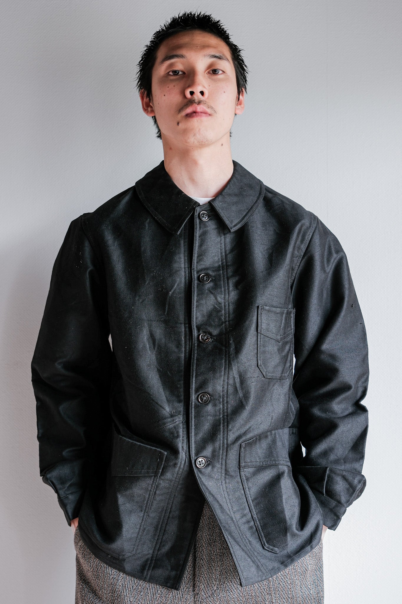 【~30's】French Vintage Black Moleskin Work Jacket "Le Mont St. Michel"