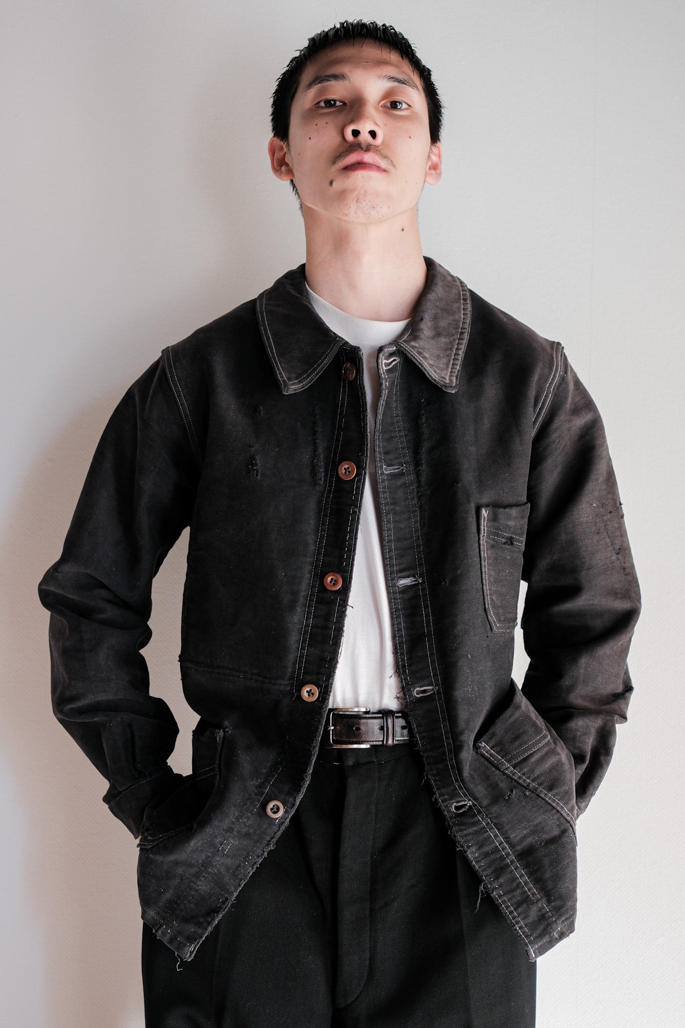 [~ 40 '] 프랑스 빈티지 블랙 몰스킨 작업 재킷 "보로"