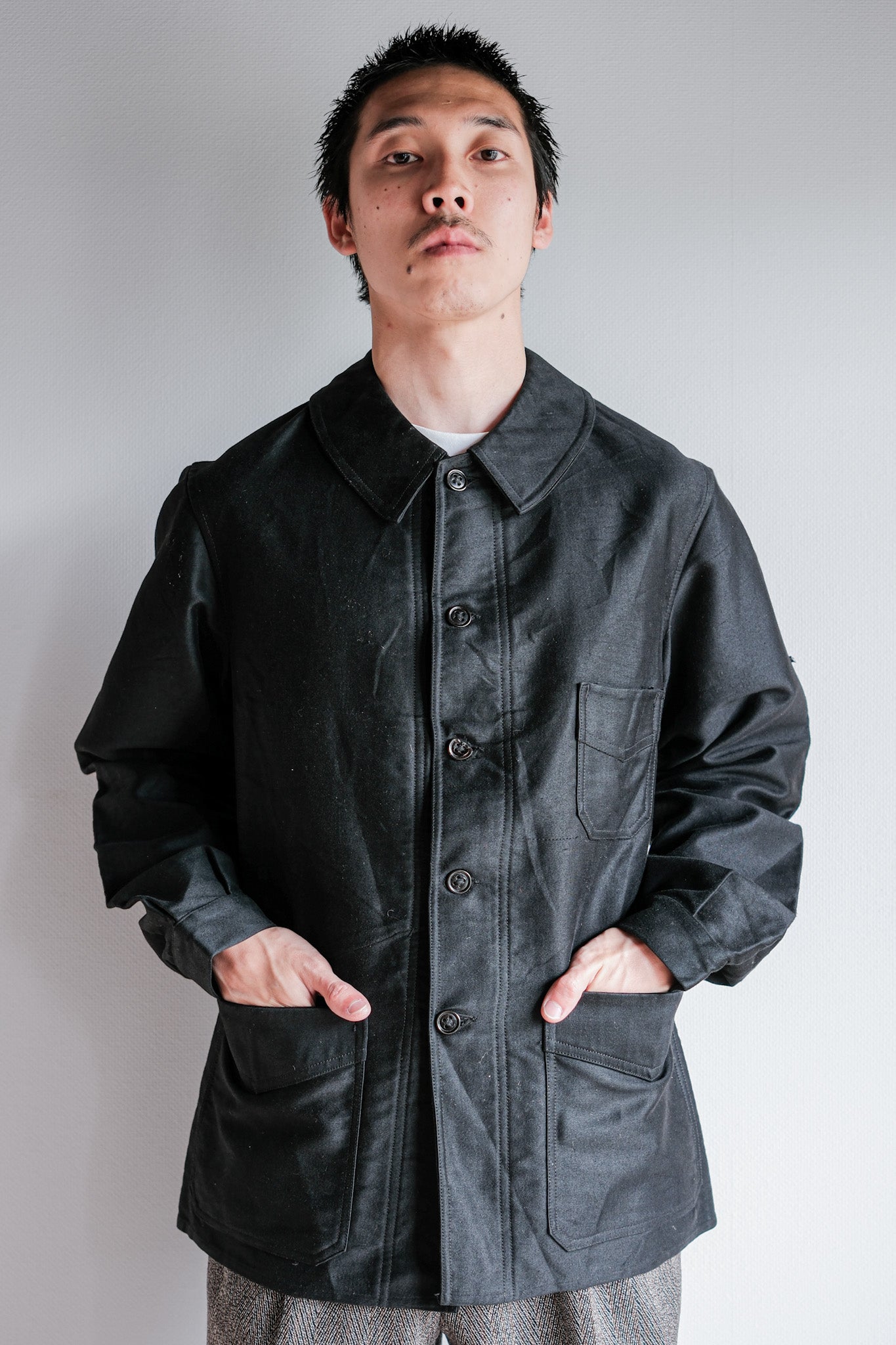 [~ 30's] French Vintage Black Moleskin Work Jacket "Le Mont St. Michel"