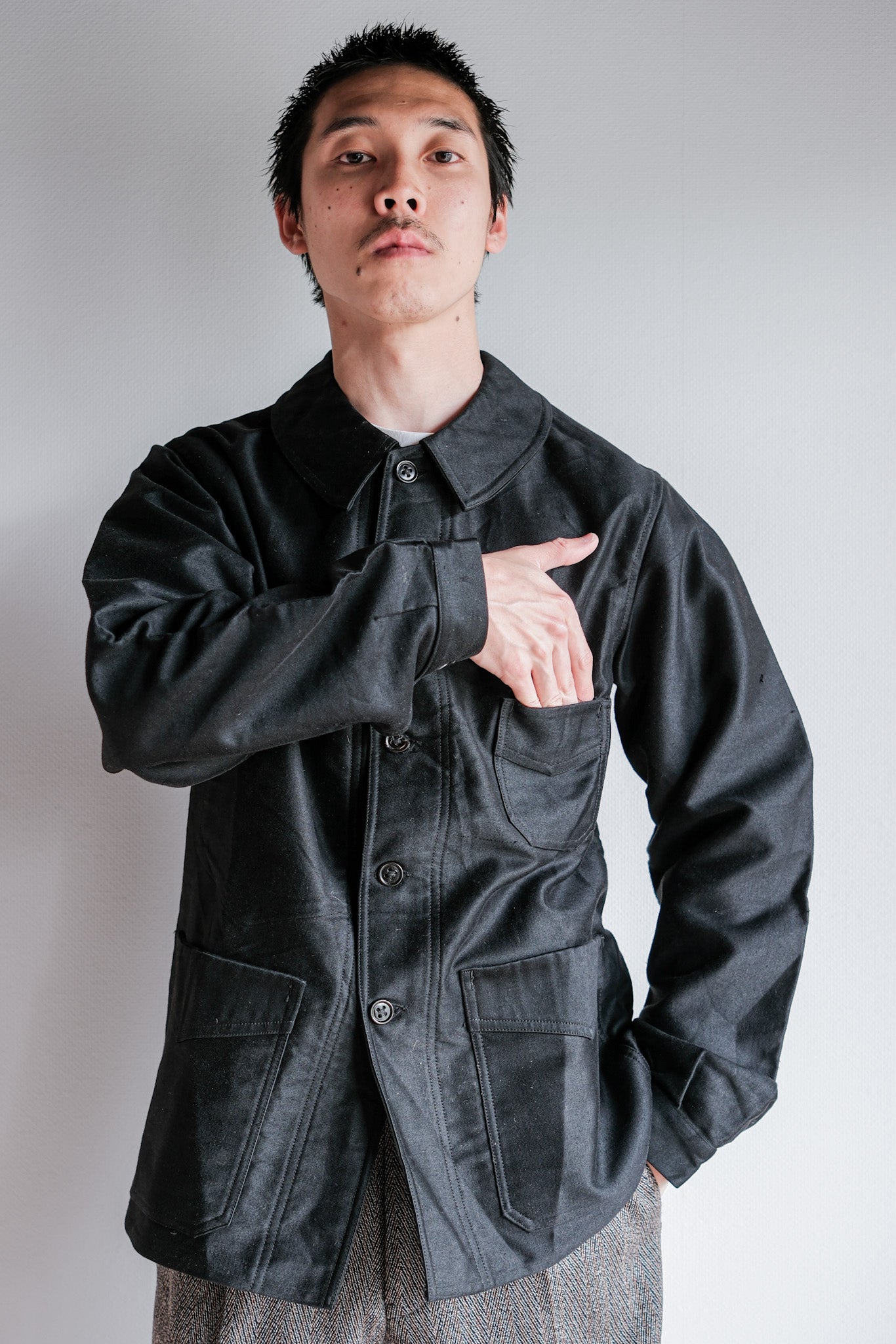 [~ 30's] French Vintage Black Moleskin Work Jacket "Le Mont St. Michel"