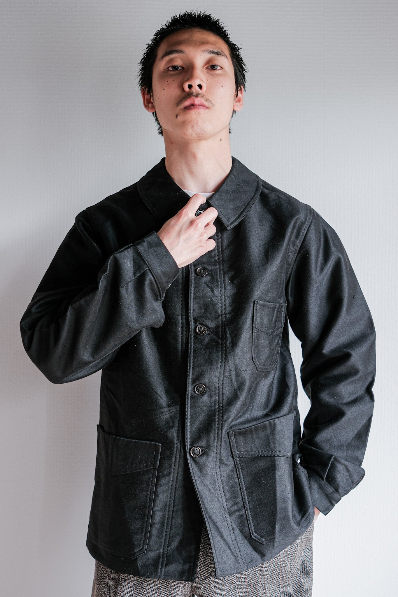 [~ 30's] French Vintage Black Moleskin Work Jacket "Le Mont St. Michel"