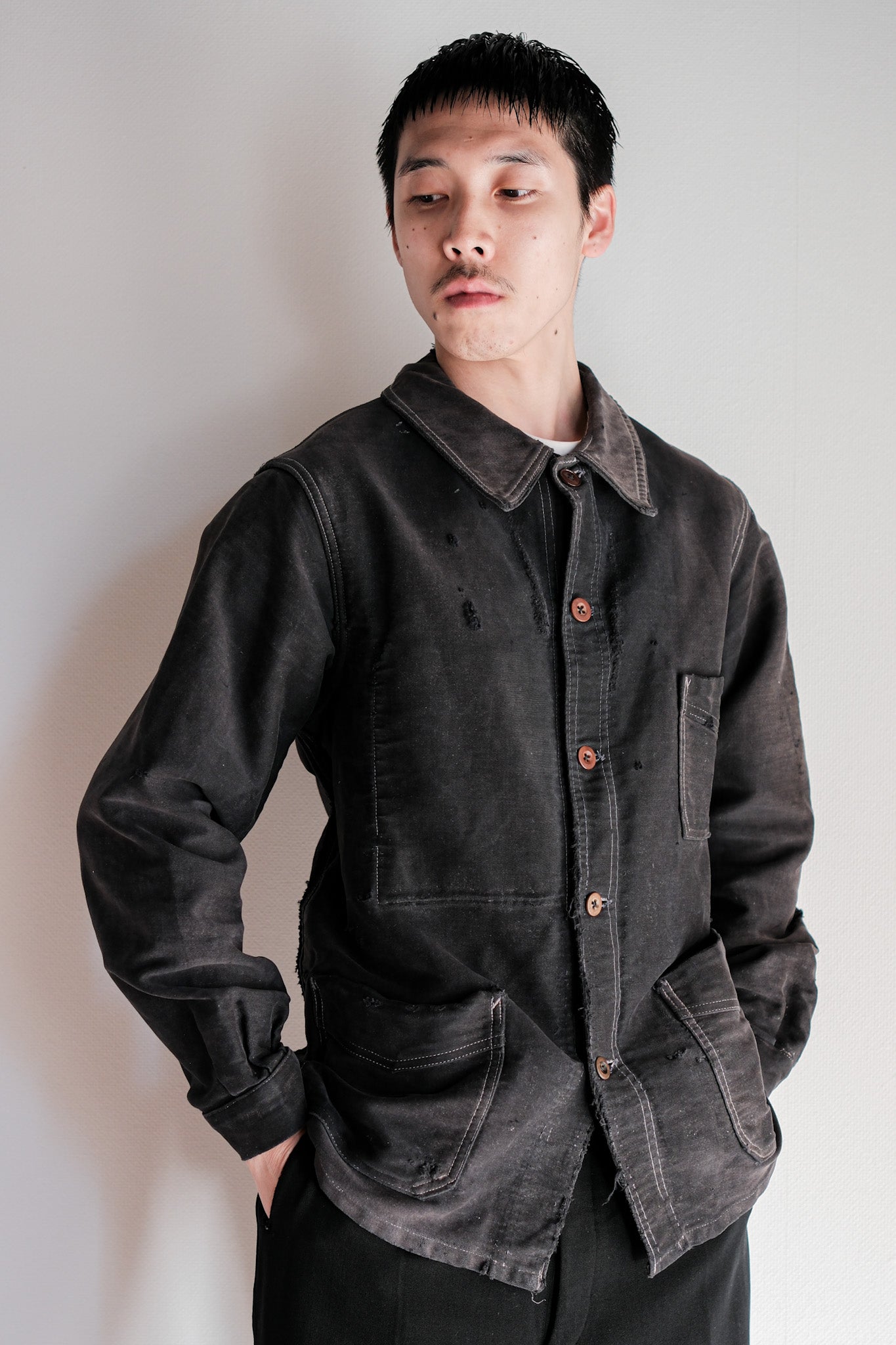 40's] French Vintage Black Moleskin Work Jacket 