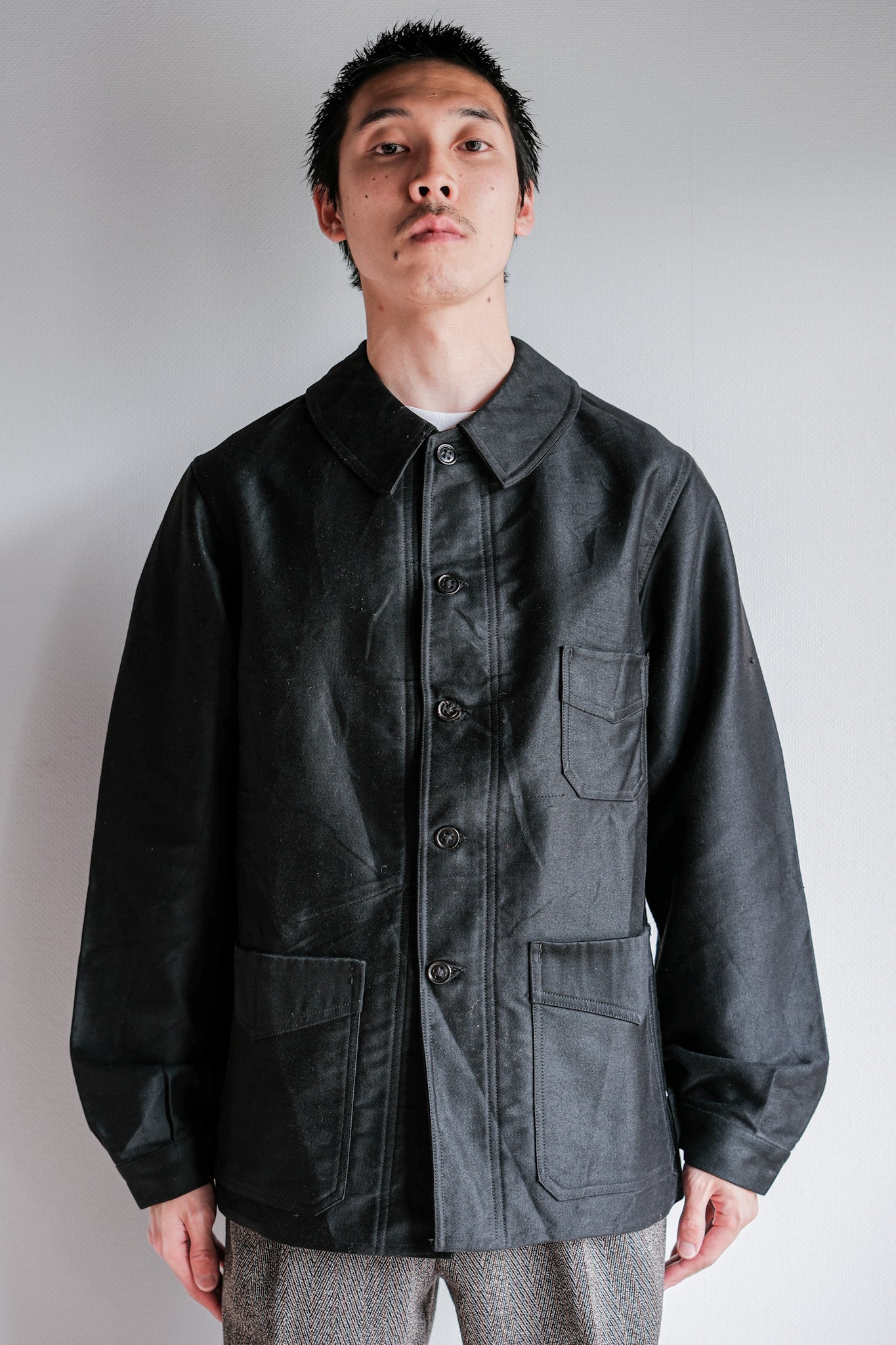 [~ 30's] French Vintage Black Moleskin Work Jacket "Le Mont St. Michel"