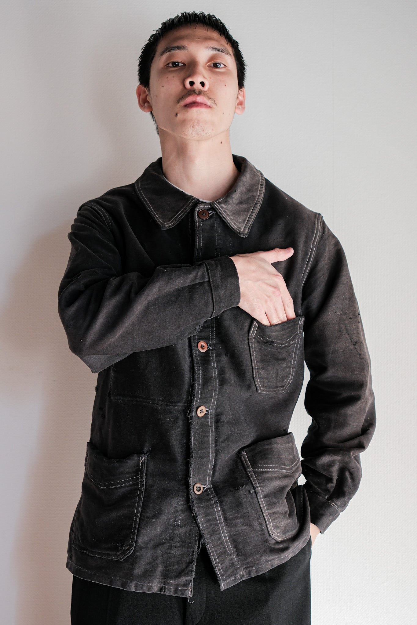 【~40's】French Vintage Black Moleskin Work Jacket "Boro"