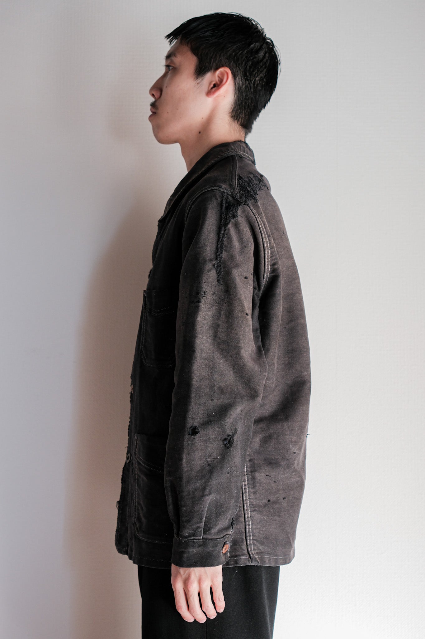 [~ 40's] French Vintage Black Moleskin Work Jacket "Boro"