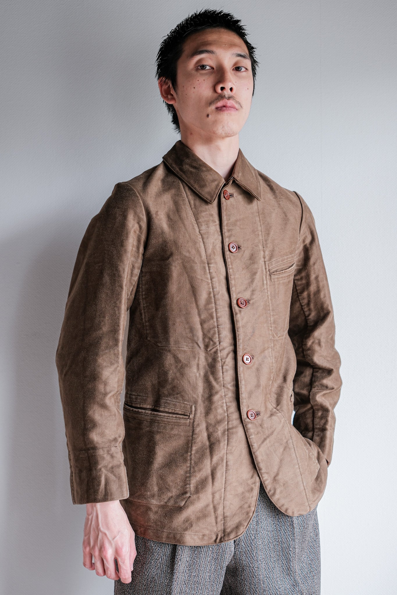 【~30's】French Vintage Brown Moleskin Work Jacket