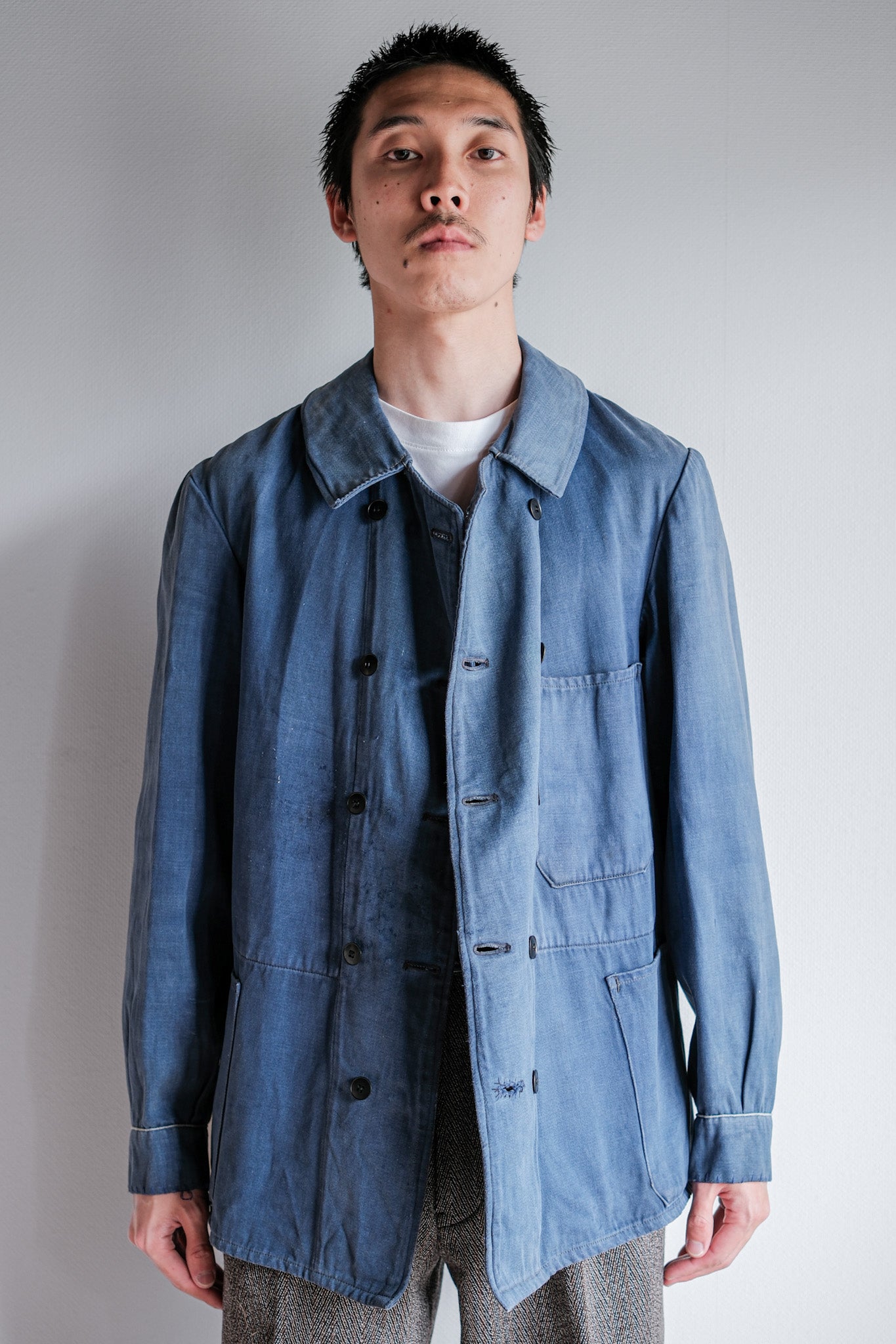 【~20's】French Vintage Blue Moleskin Double Breasted Work Jacket "Adolphe Lafont"