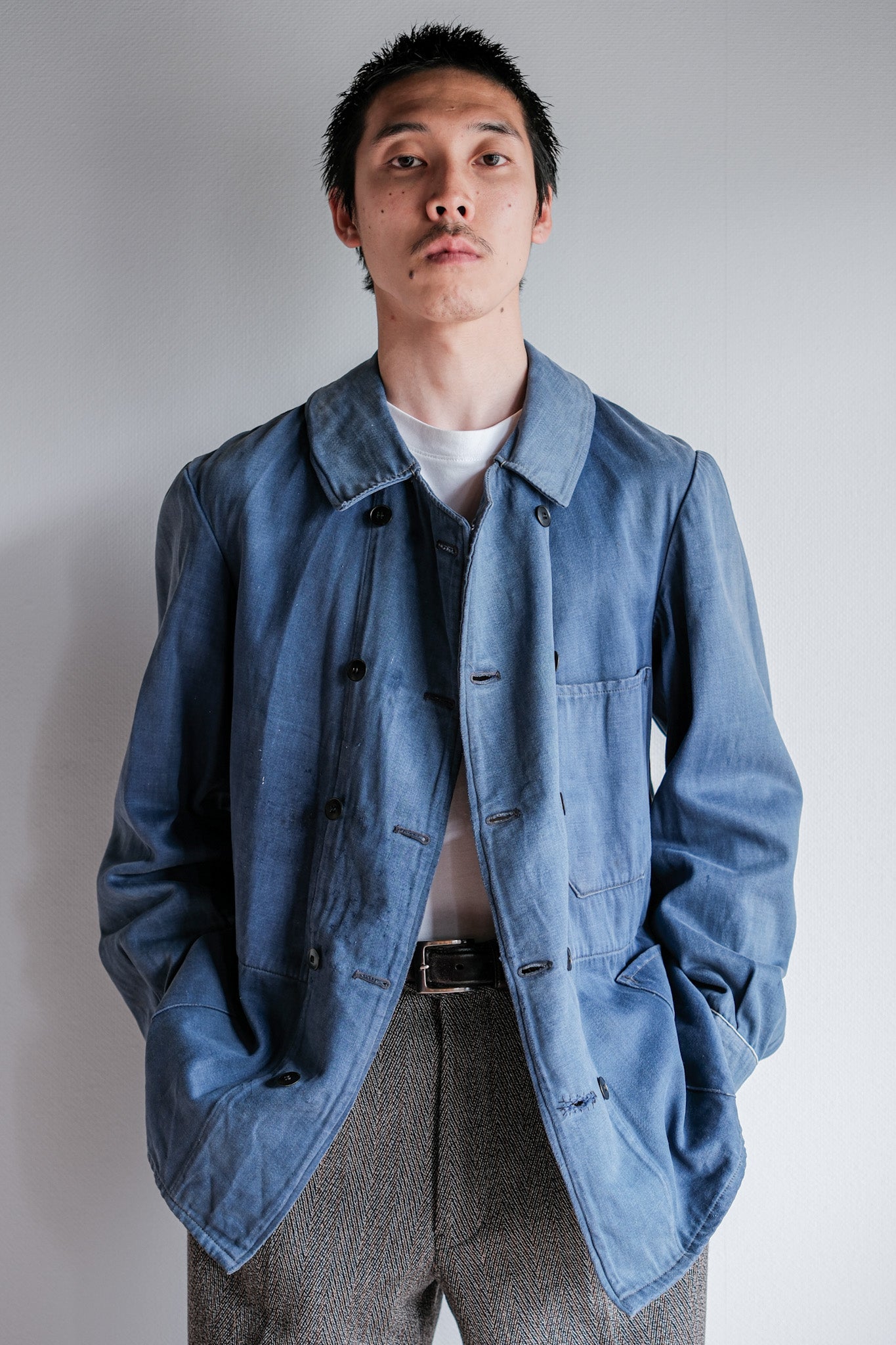 【~20's】French Vintage Blue Moleskin Double Breasted Work Jacket "Adolphe Lafont"