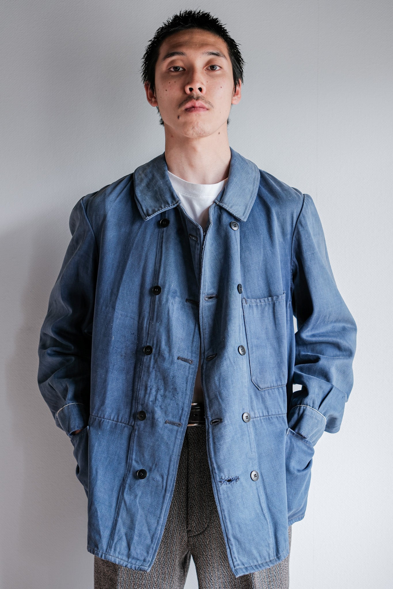 【~20's】French Vintage Blue Moleskin Double Breasted Work Jacket "Adolphe Lafont"