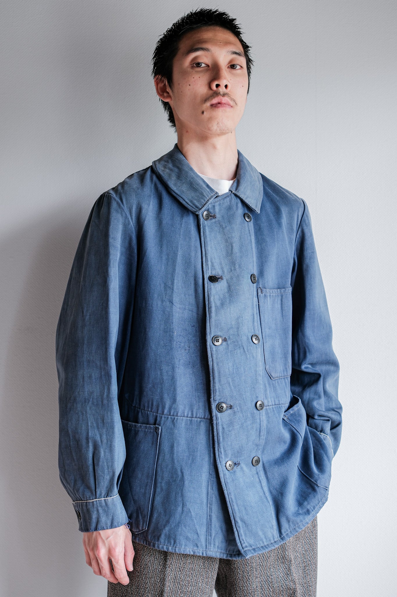 【~20's】French Vintage Blue Moleskin Double Breasted Work Jacket "Adolphe Lafont"