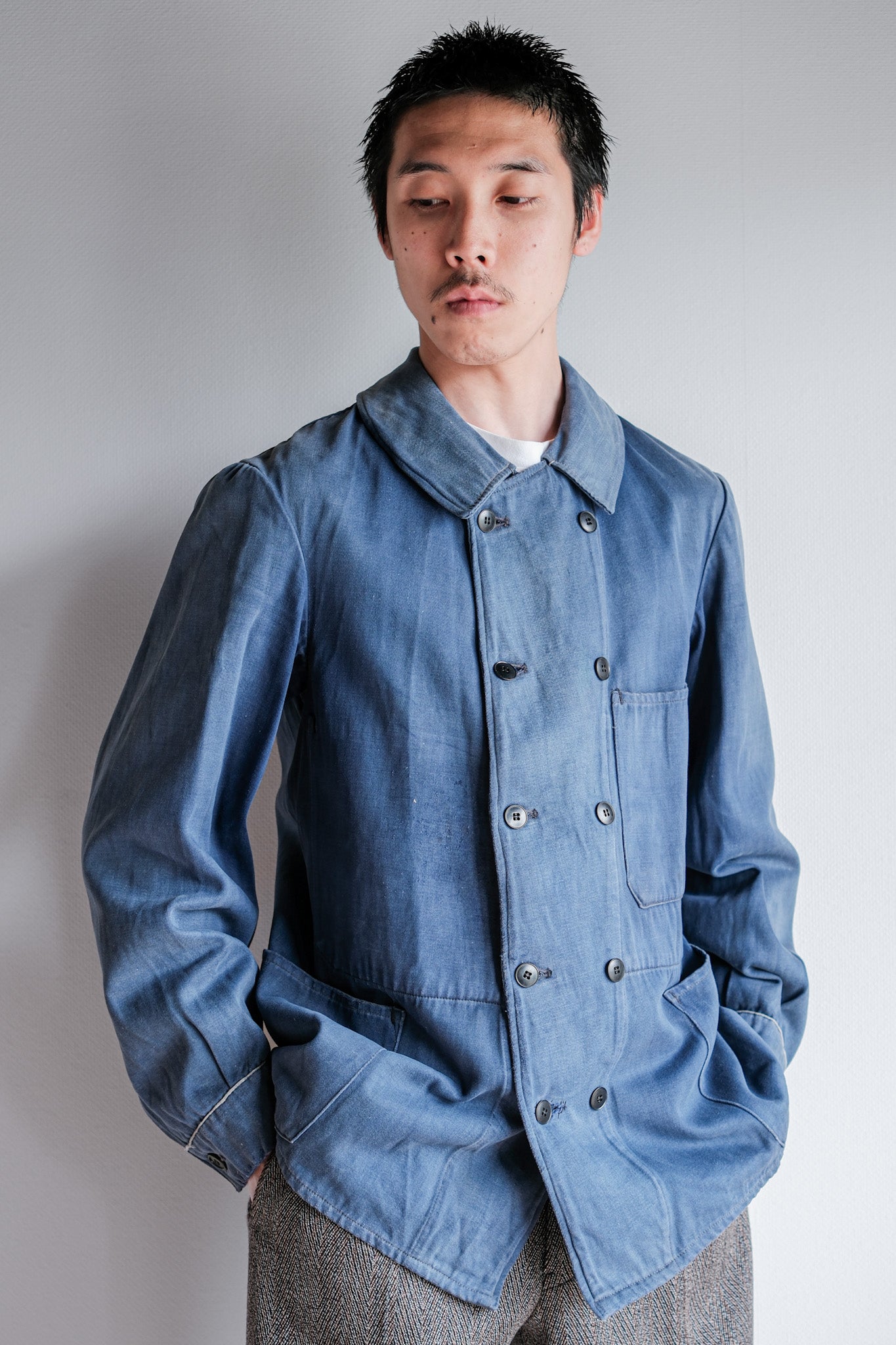 【~20's】French Vintage Blue Moleskin Double Breasted Work Jacket "Adolphe Lafont"