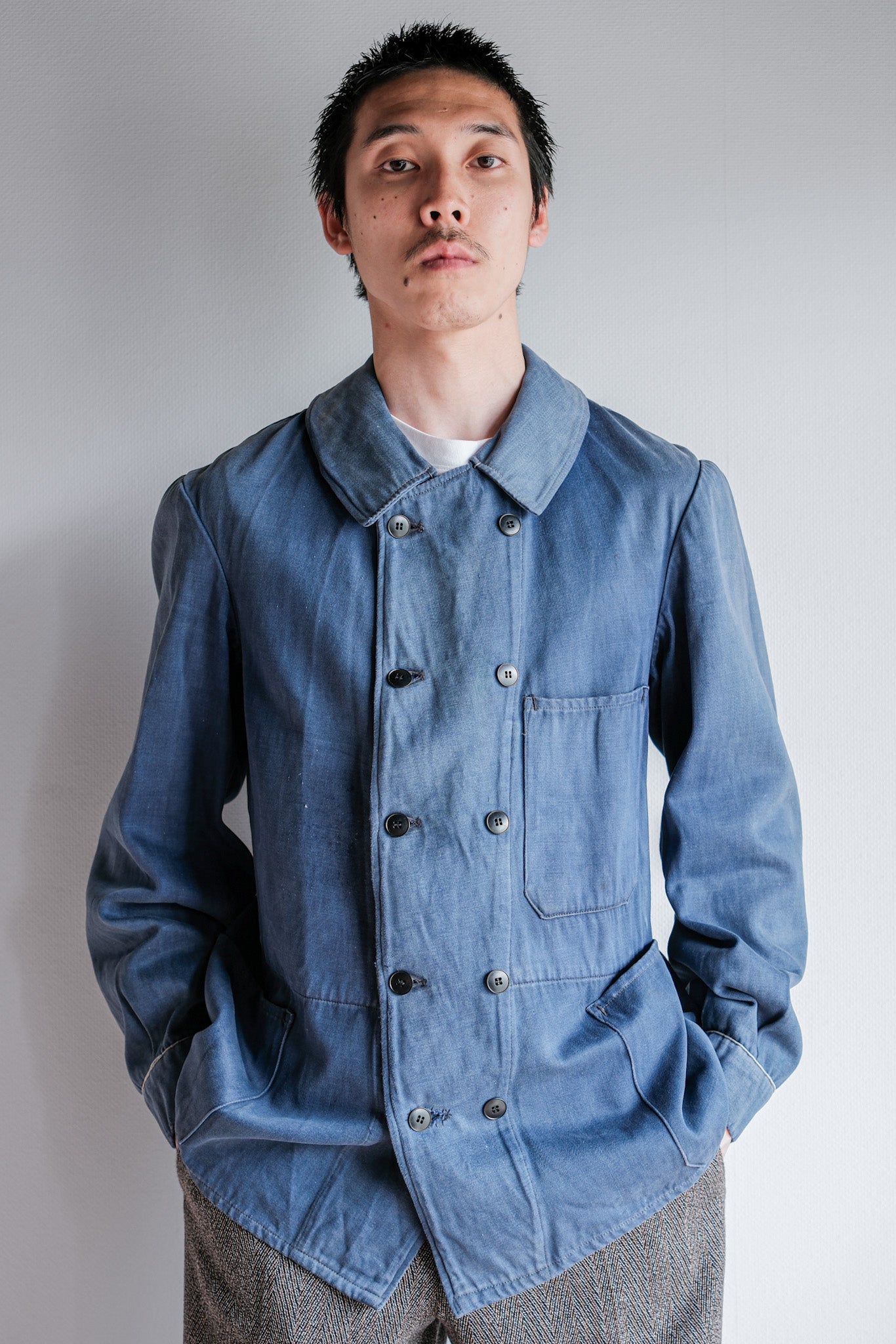 【~20's】French Vintage Blue Moleskin Double Breasted Work Jacket "Adolphe Lafont"