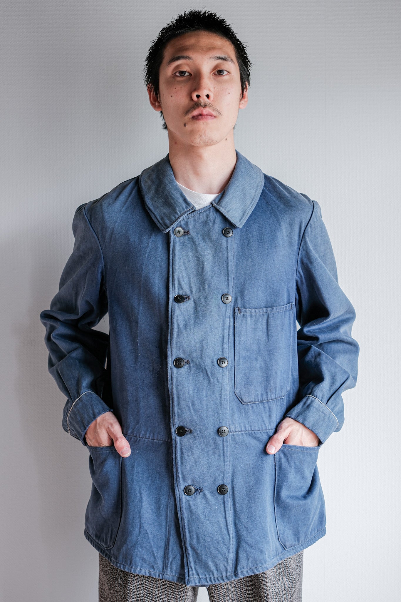 【~20's】French Vintage Blue Moleskin Double Breasted Work Jacket "Adolphe Lafont"