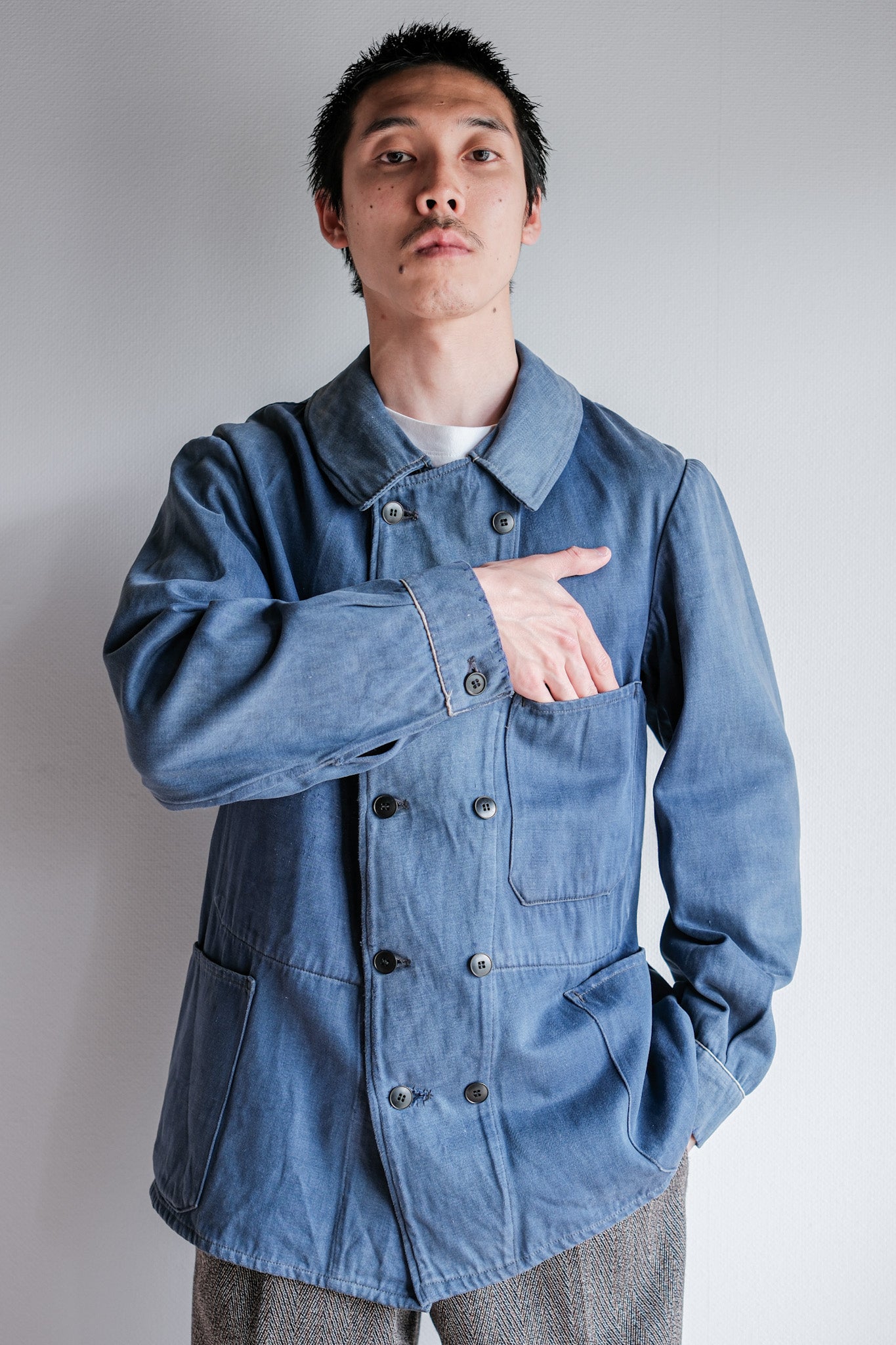 [~ 20's] French Vintage Blue Moleskin Double Breasted Work Jacket "Adolphe Lafont"